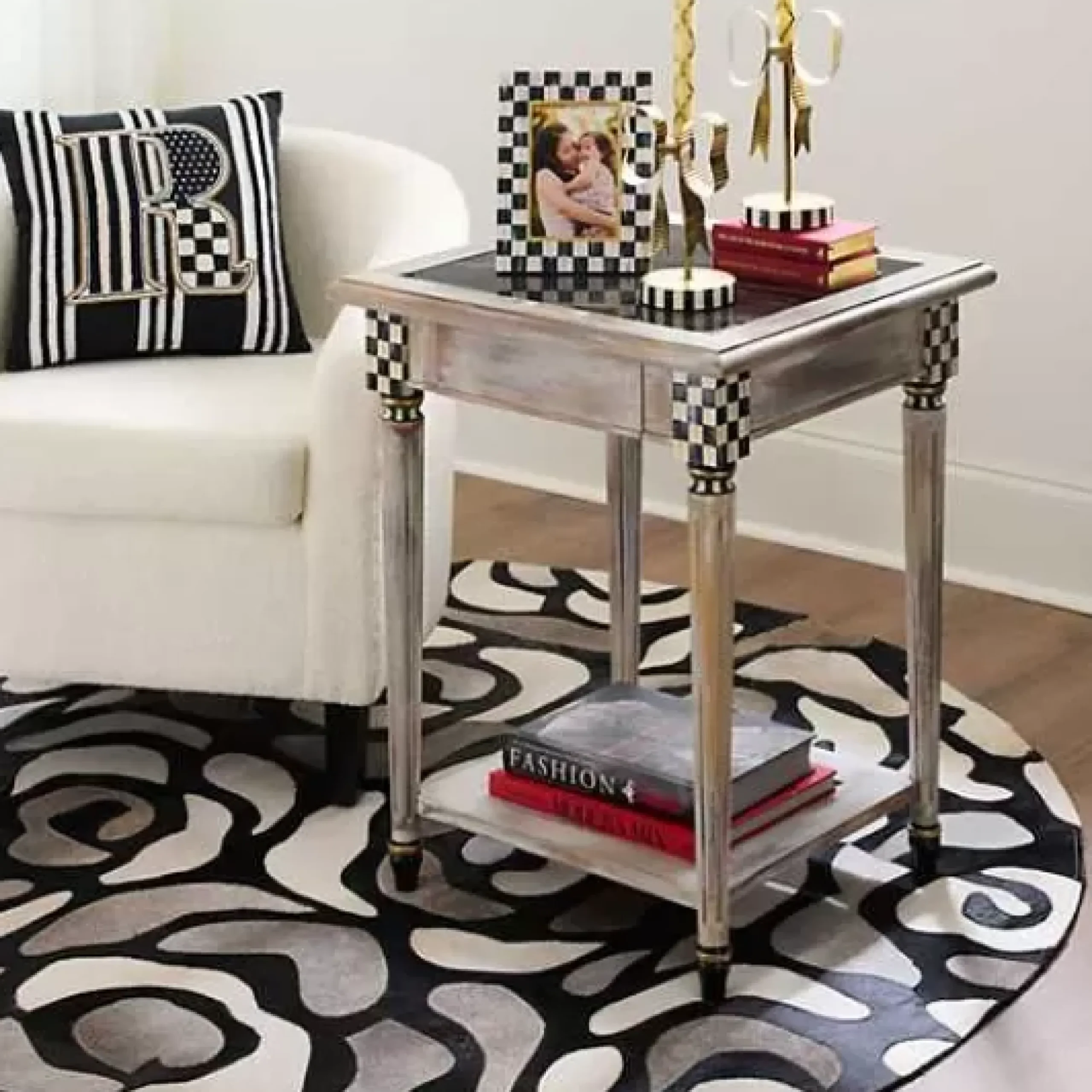 MacKenzie-Childs Abstract Roses Hair on Hide Grey 6' Round Rug< Rugs
