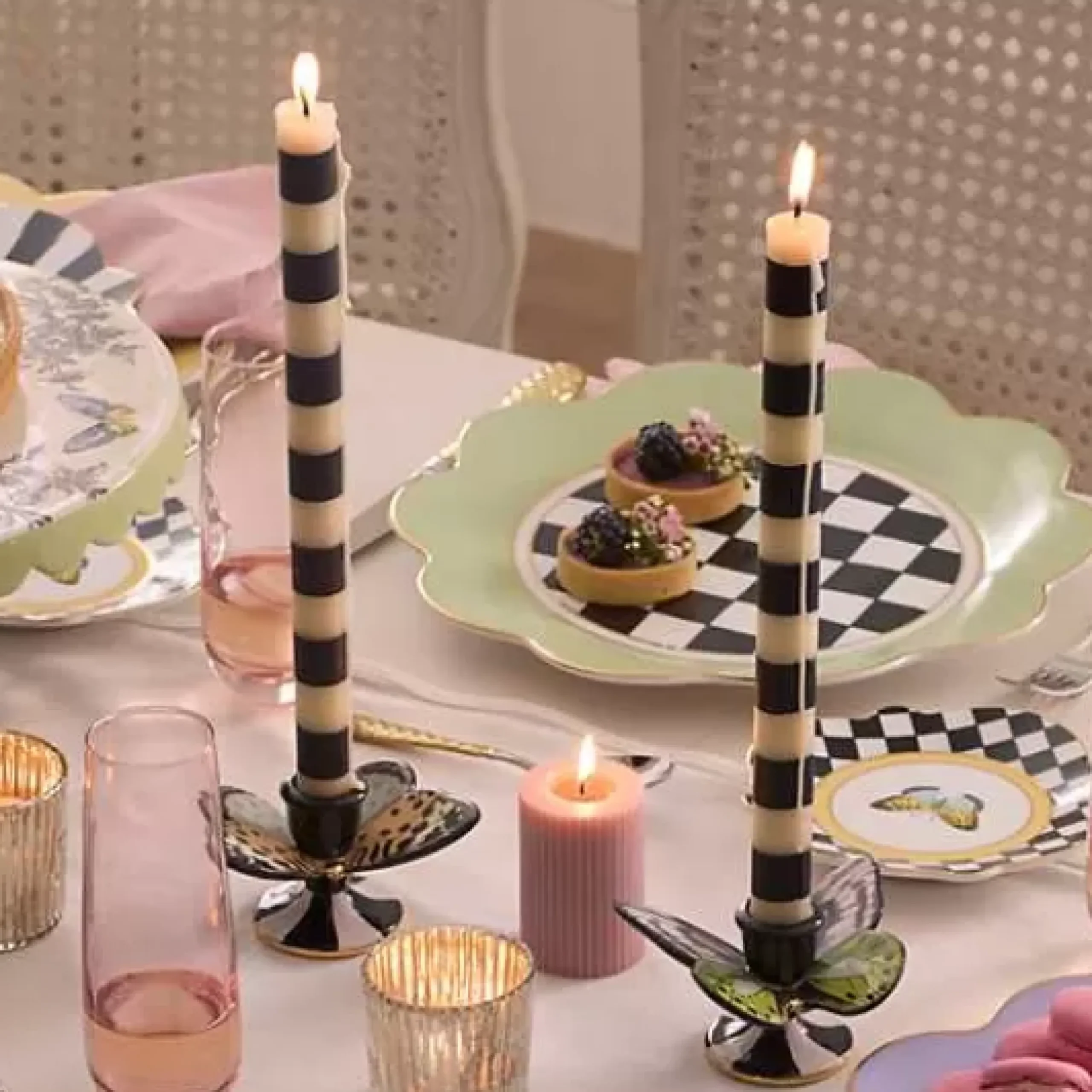 MacKenzie-Childs Bands Black Dinner Candles, Set of 2< The Halloween Shop|Candles & Fragrances