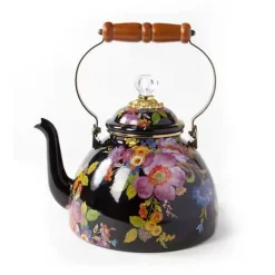 MacKenzie-Childs Black Flower Market 3 Quart Tea Kettle< Tea Kettles