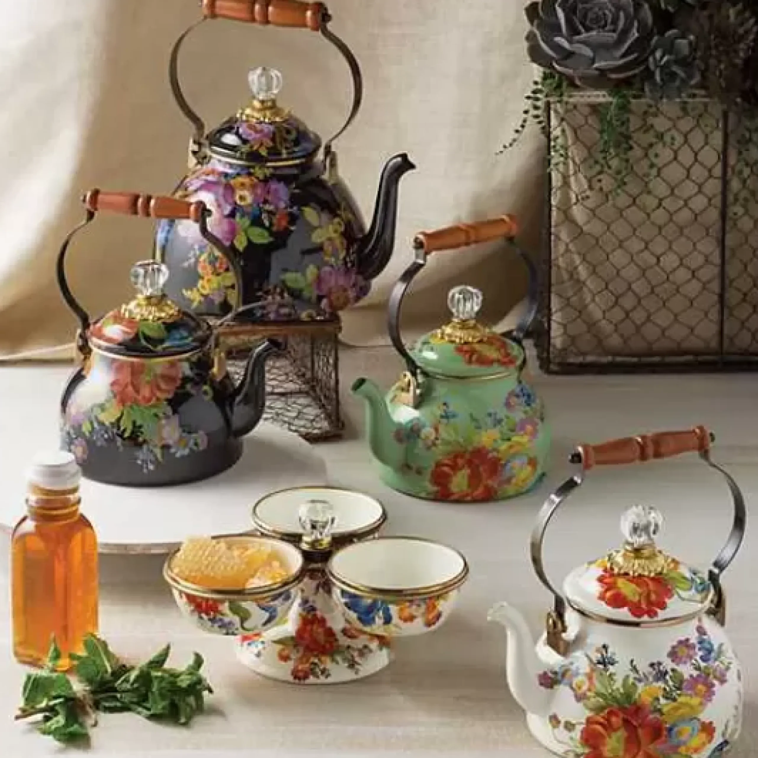 MacKenzie-Childs Black Flower Market 2 Quart Tea Kettle< The Coffee Shop|Tea Kettles