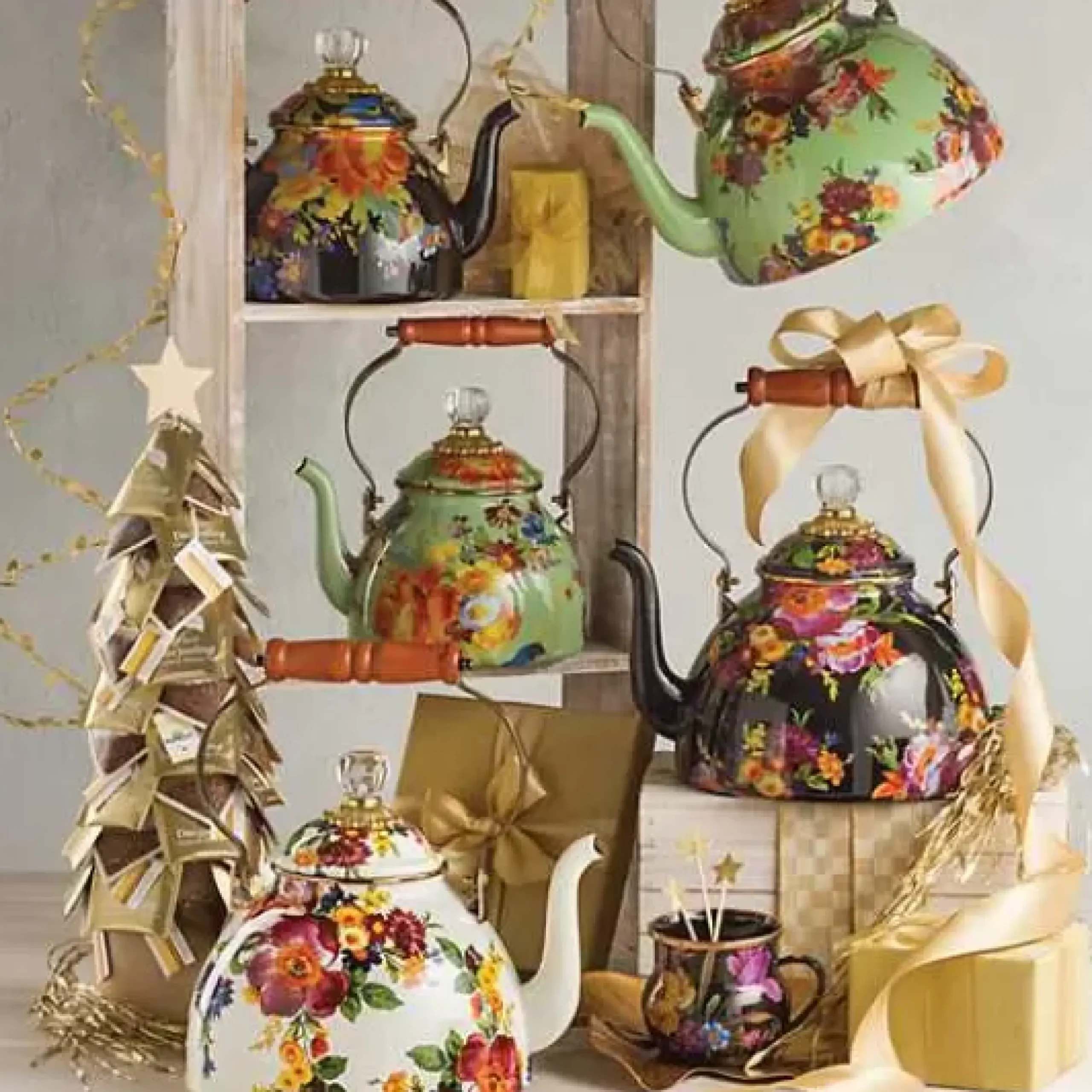 MacKenzie-Childs Black Flower Market 2 Quart Tea Kettle< The Coffee Shop|Tea Kettles