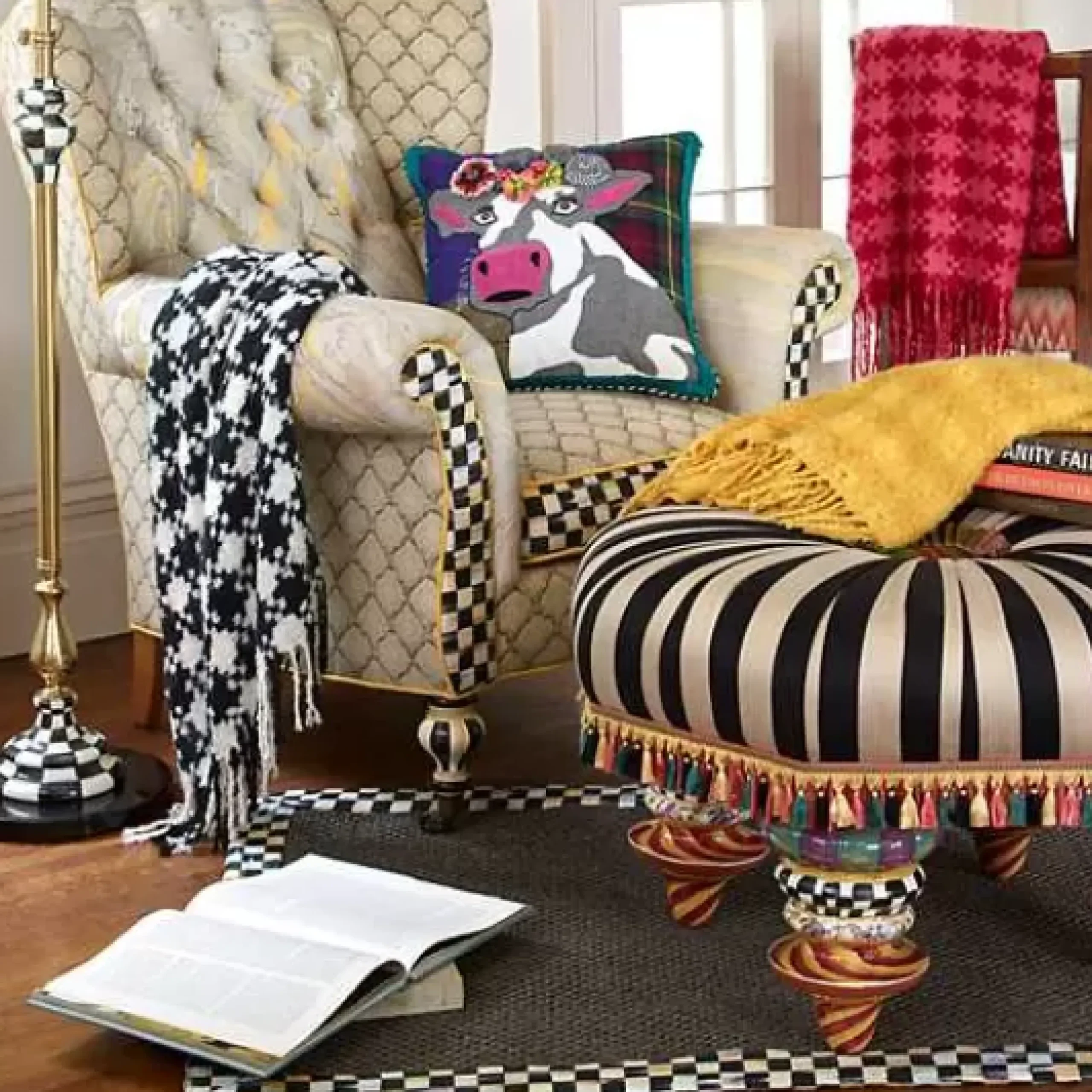 MacKenzie-Childs Black Ivory Houndstooth Throw< Pillows, Throws, & Cushions
