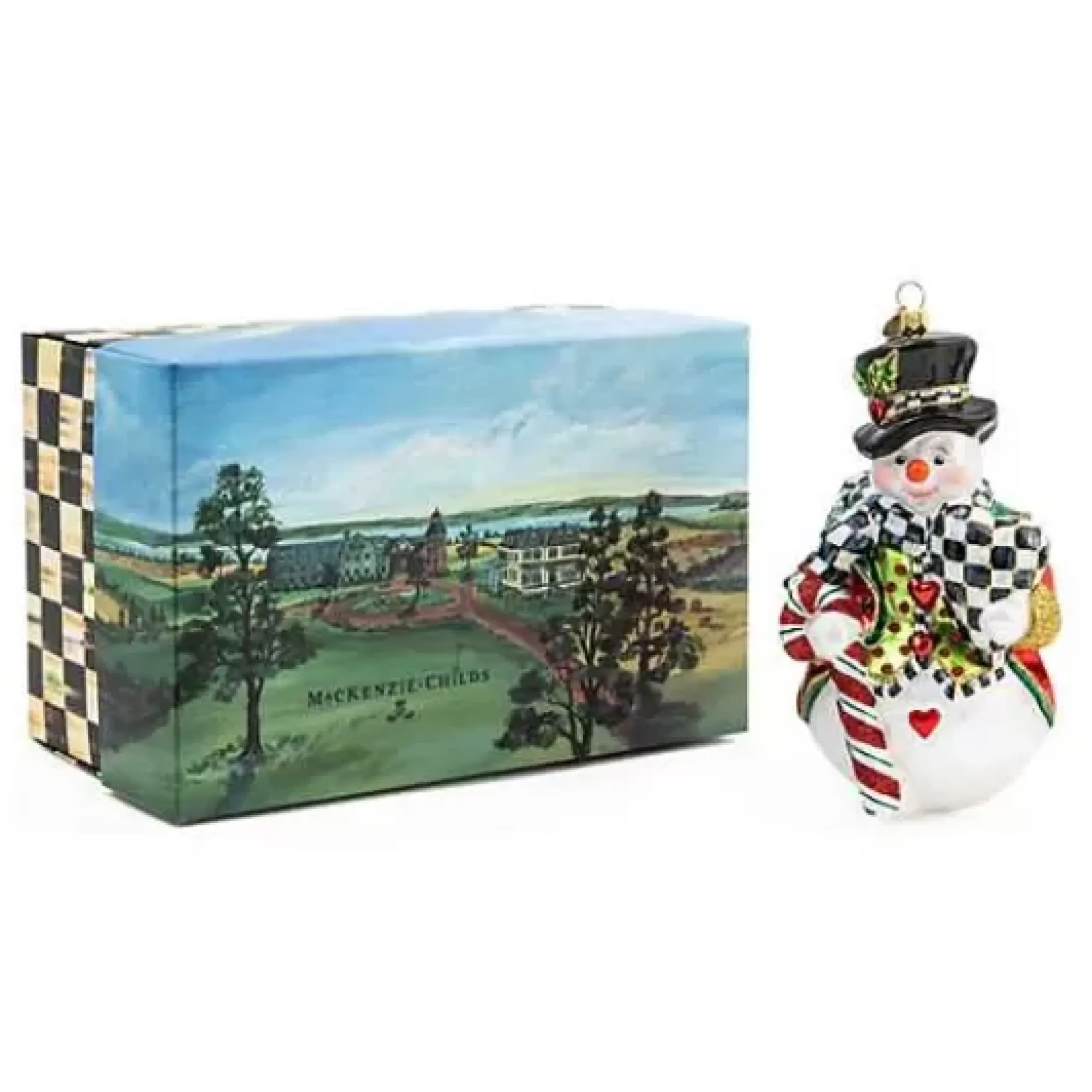 MacKenzie-Childs Candy Cane Snowman Glass Ornament< Holiday