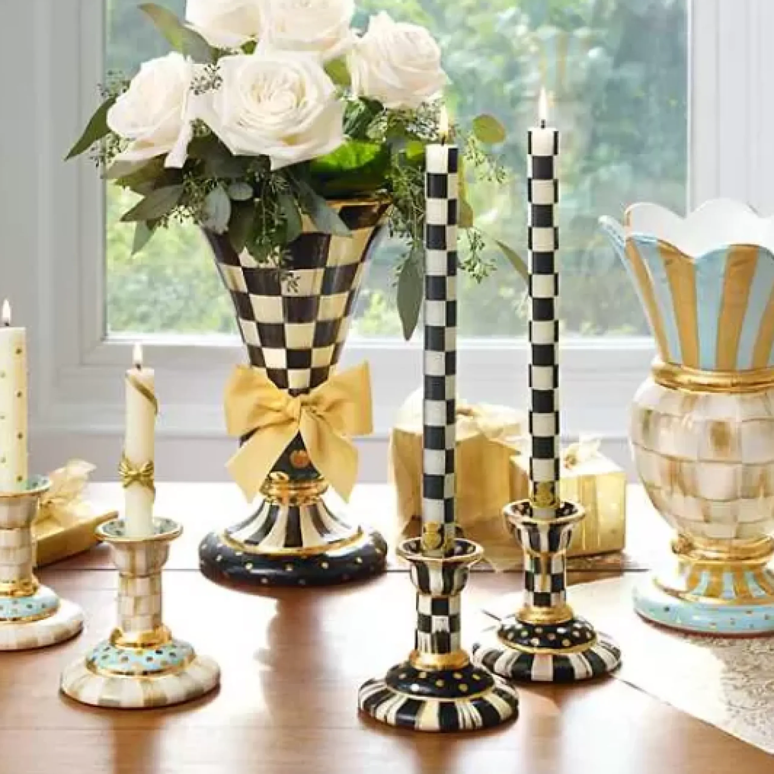 MacKenzie-Childs Check Black Ivory Dinner Candles, Set of 2< Candles & Fragrances|Table Accessories