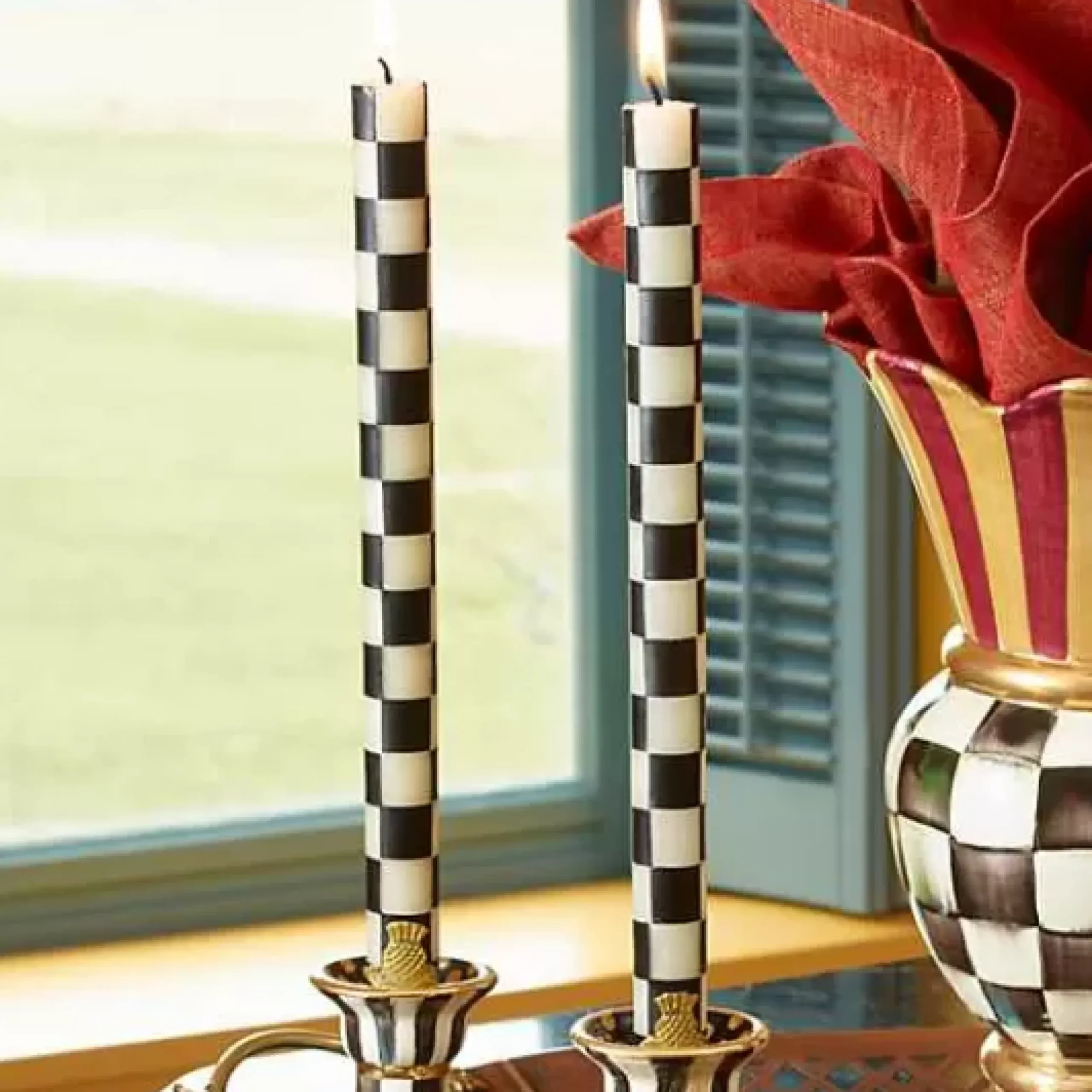 MacKenzie-Childs Check Black Ivory Dinner Candles, Set of 2< Candles & Fragrances|Table Accessories