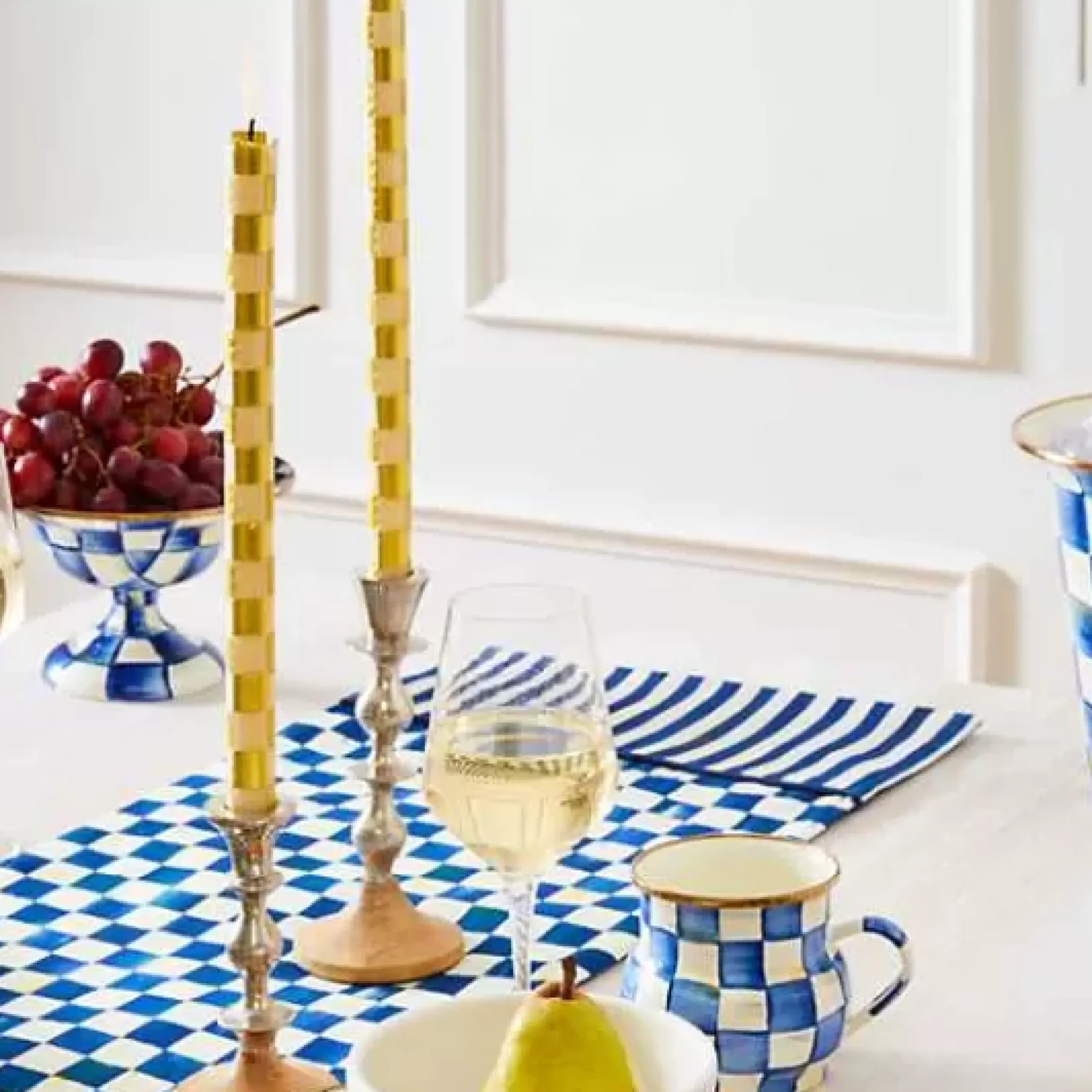 MacKenzie-Childs Check Gold Ivory Dinner Candles, Set of 2< Candles & Fragrances|Table Accessories