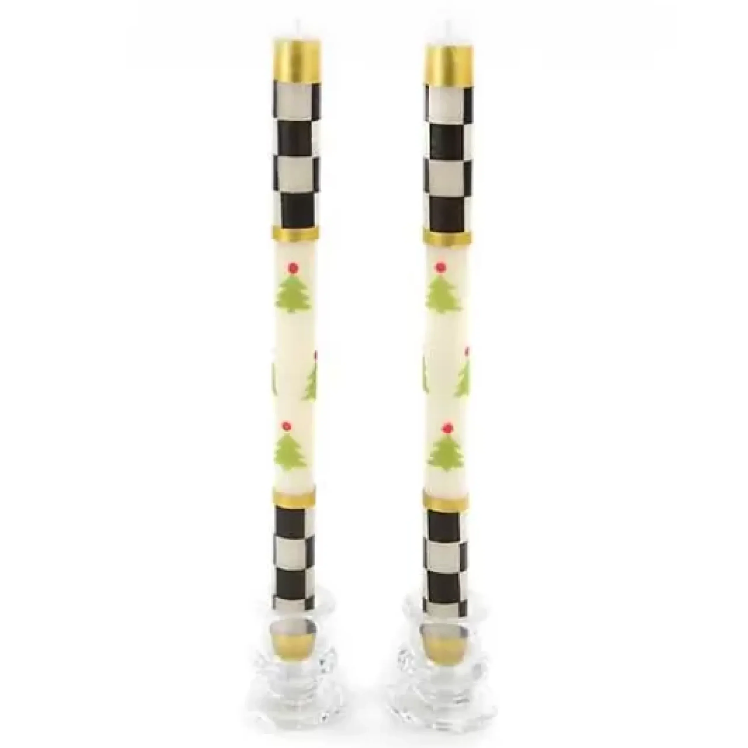 MacKenzie-Childs Christmas Tree Dinner Candles - Check Bands - Set of 2< Holiday|Candles & Fragrances