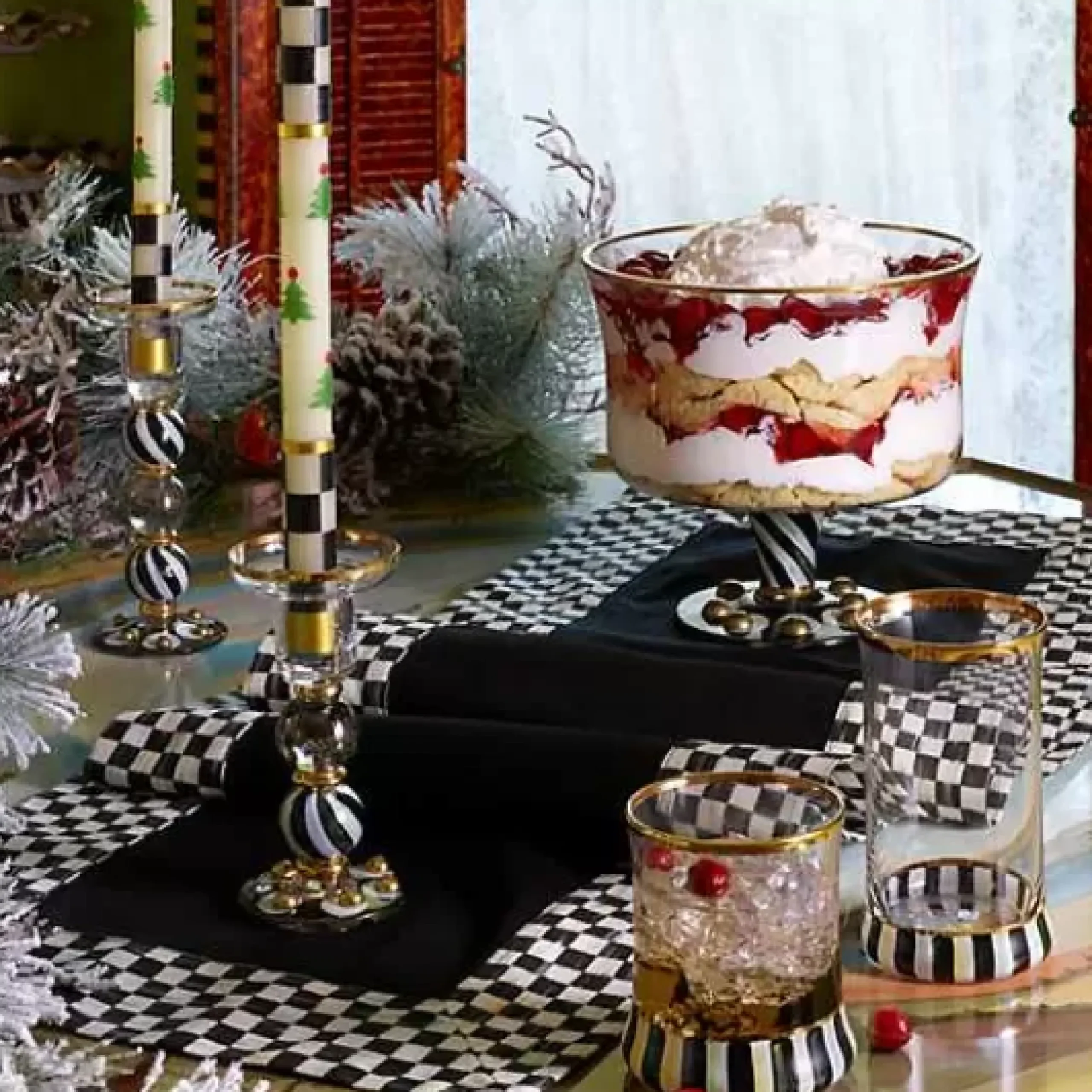 MacKenzie-Childs Christmas Tree Dinner Candles - Check Bands - Set of 2< Holiday|Candles & Fragrances