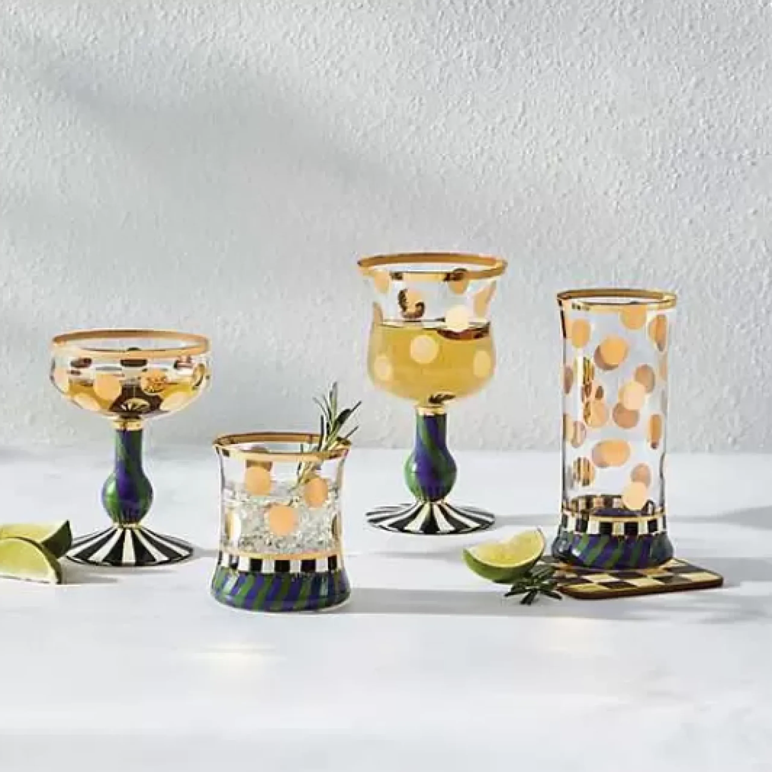 MacKenzie-Childs Cirque Purple Green Coupe Glass< Drinkware|Bar Entertaining
