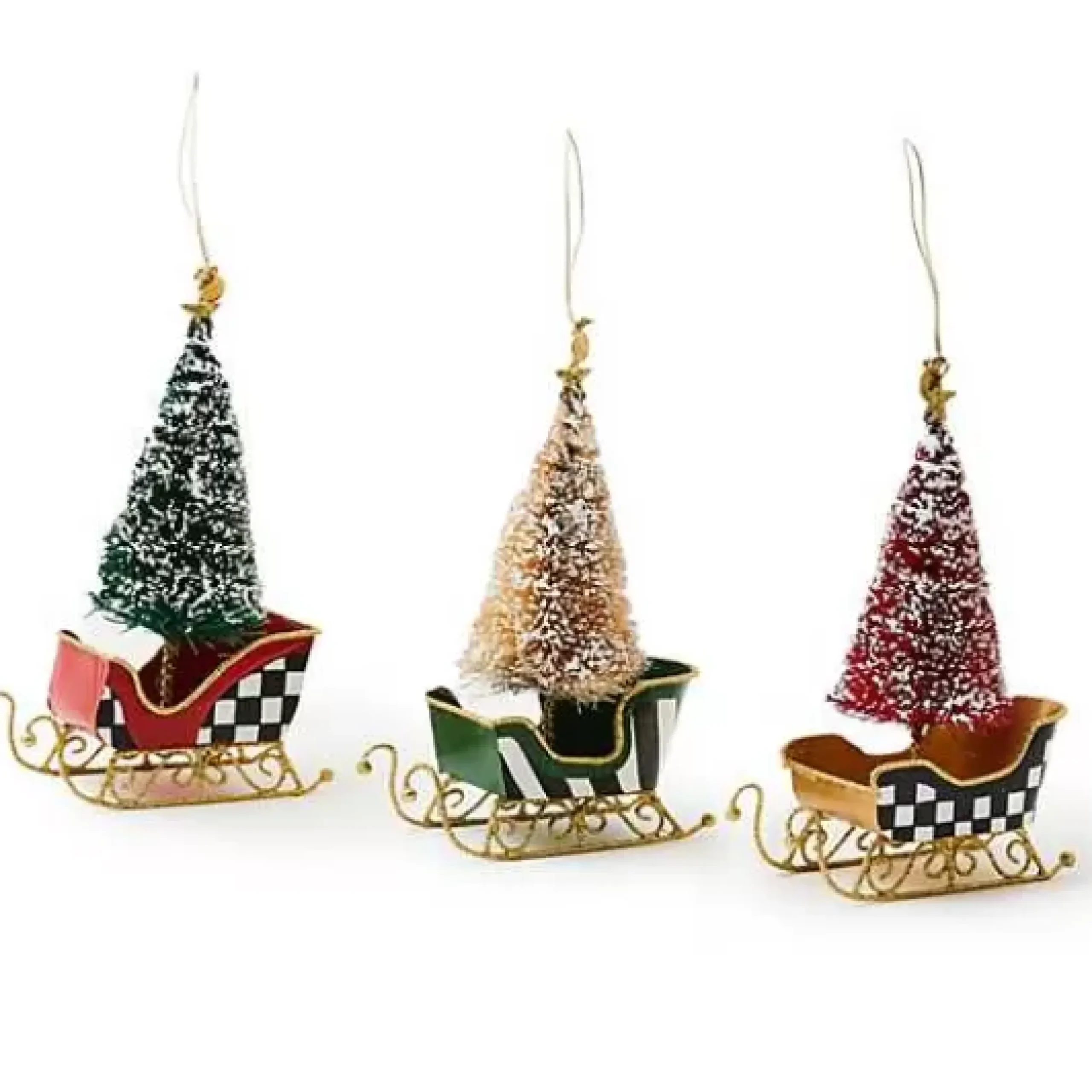 MacKenzie-Childs Courtly Bottle Brush Tin Sleigh Ornaments, Set of 3< Holiday