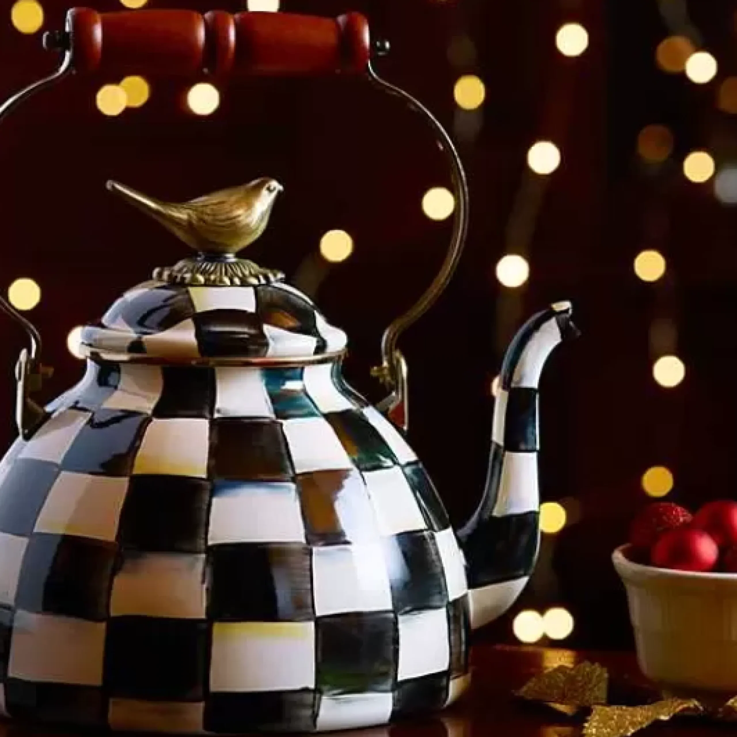 MacKenzie-Childs Courtly Check 3 Quart Tea Kettle with Bird< Cookware & Bakeware|Tea Kettles