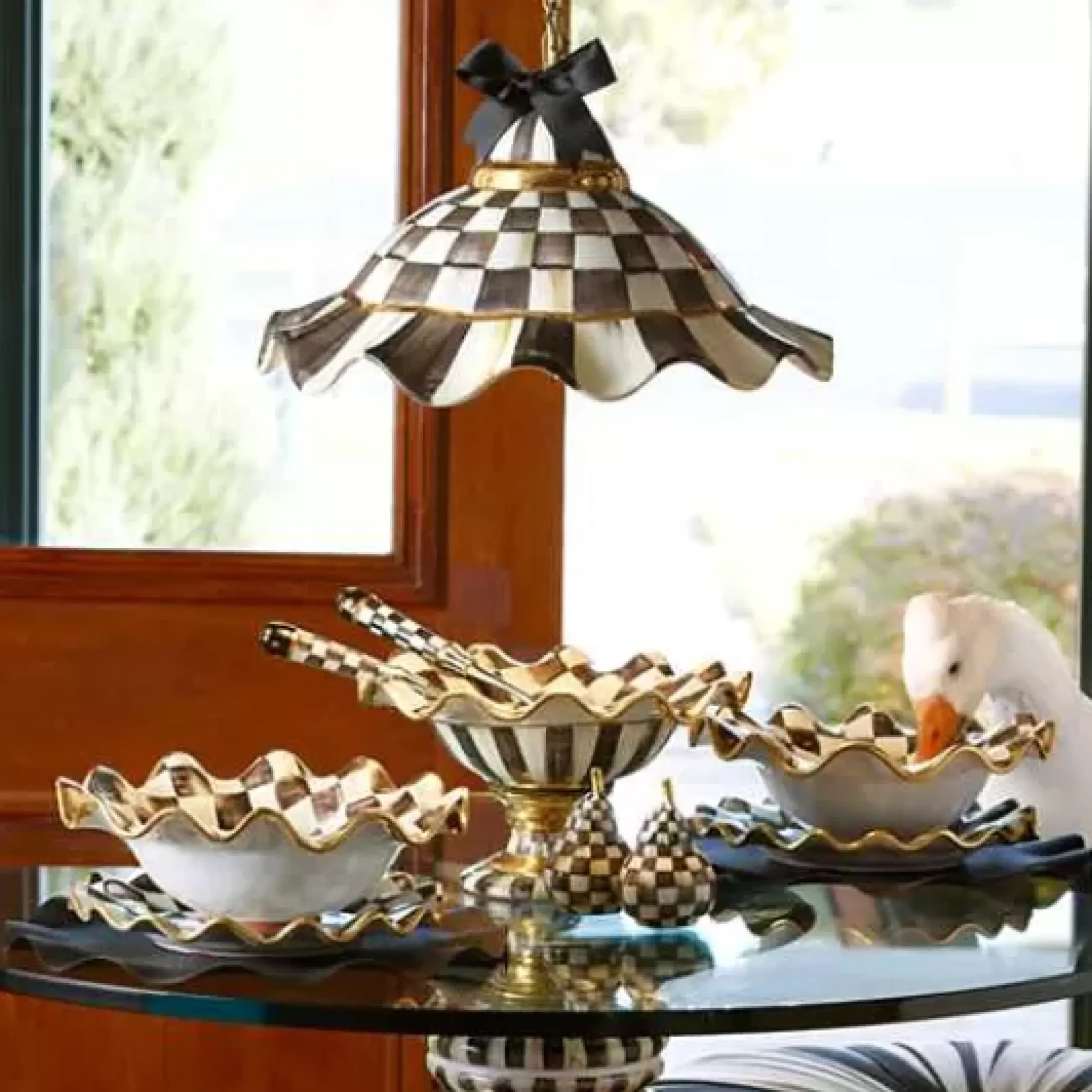 MacKenzie-Childs Courtly Check Ceramic Fluted Hanging Lamp< Lighting