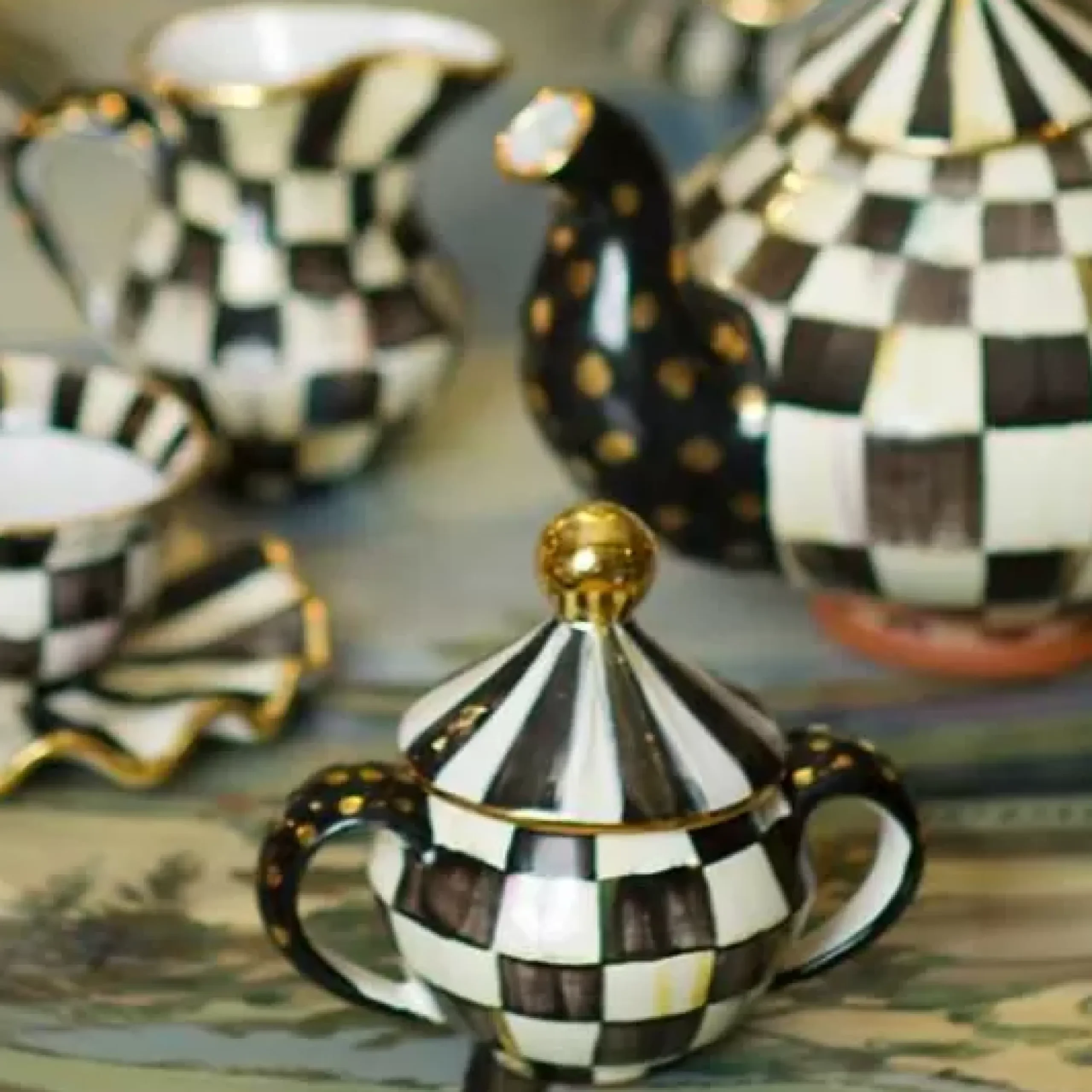MacKenzie-Childs Courtly Check Ceramic Sugar Bowl with Lid< The Coffee Shop|Serveware
