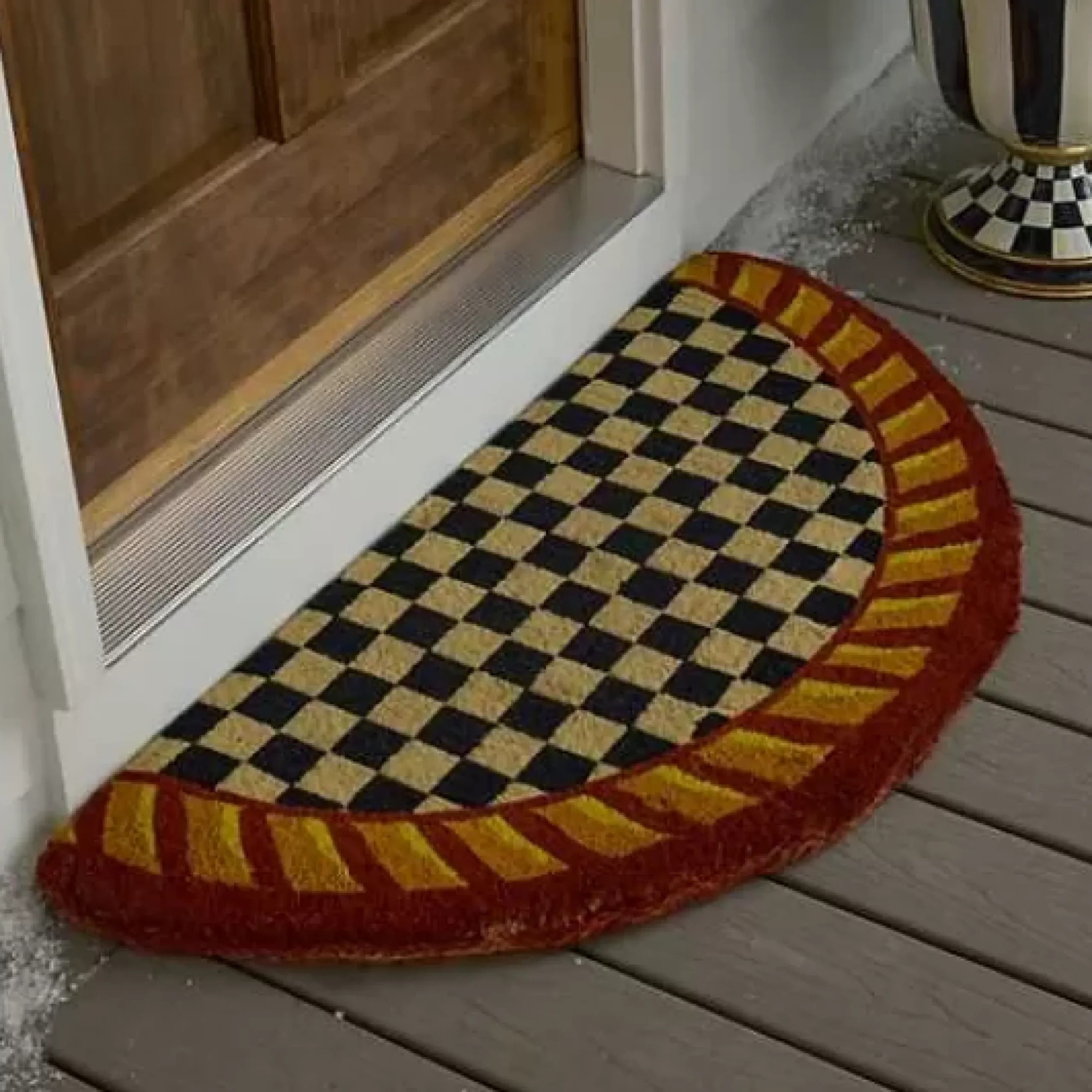 MacKenzie-Childs Courtly Check Half Round Red Gold Entrance Mat< The Fall Shop|Rugs