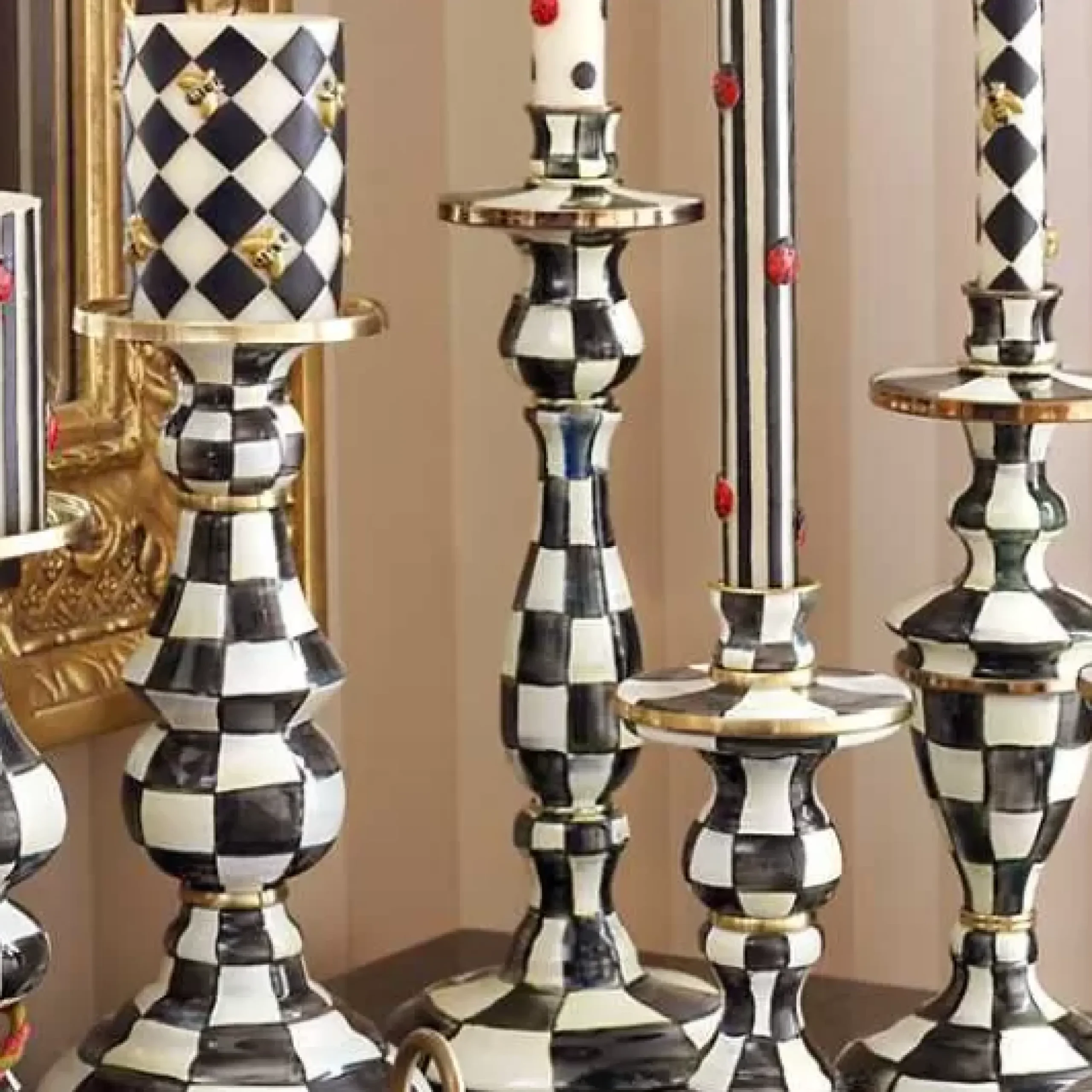 MacKenzie-Childs Courtly Check Large Enamel Candlestick< Candles & Fragrances|Table Accessories