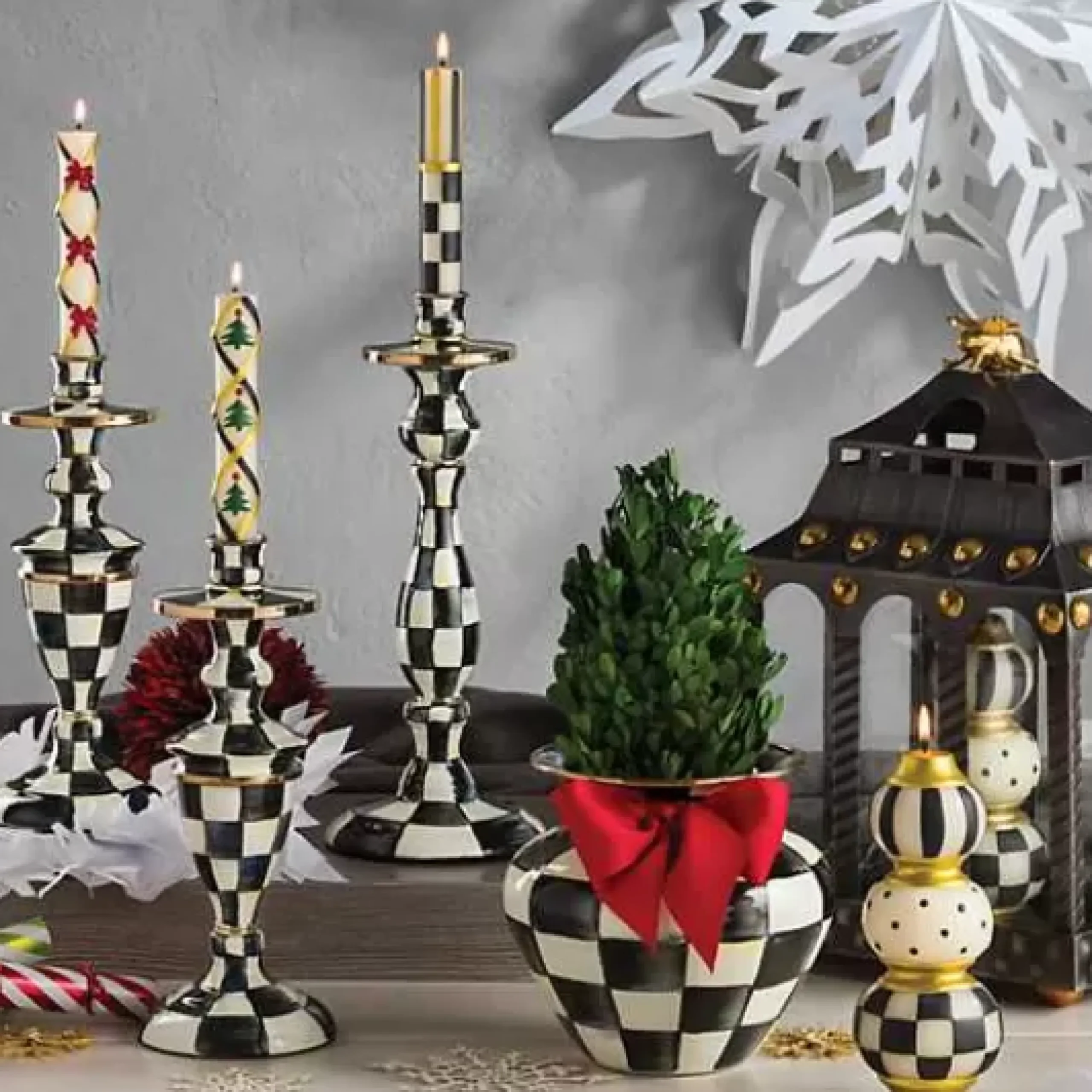 MacKenzie-Childs Courtly Check Large Enamel Candlestick< Candles & Fragrances|Table Accessories