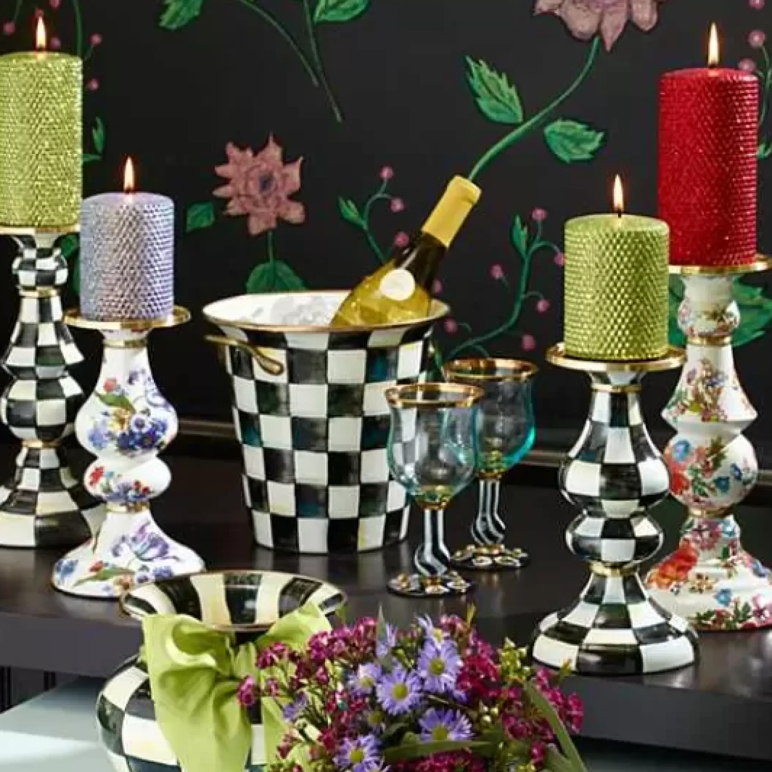 MacKenzie-Childs Courtly Check Large Pillar Candlestick< Candles & Fragrances|Table Accessories