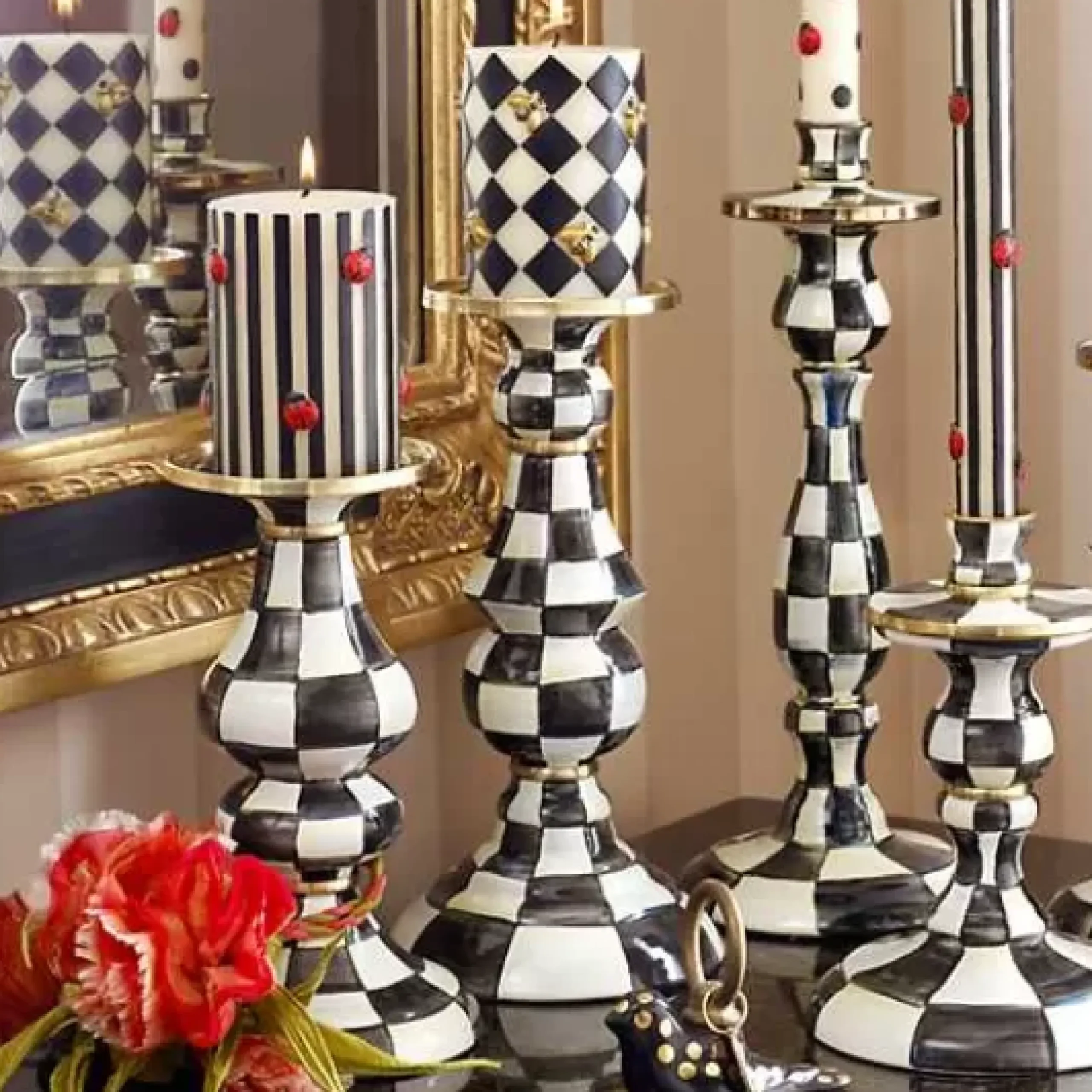 MacKenzie-Childs Courtly Check Medium Pillar Candlestick< Candles & Fragrances|Table Accessories