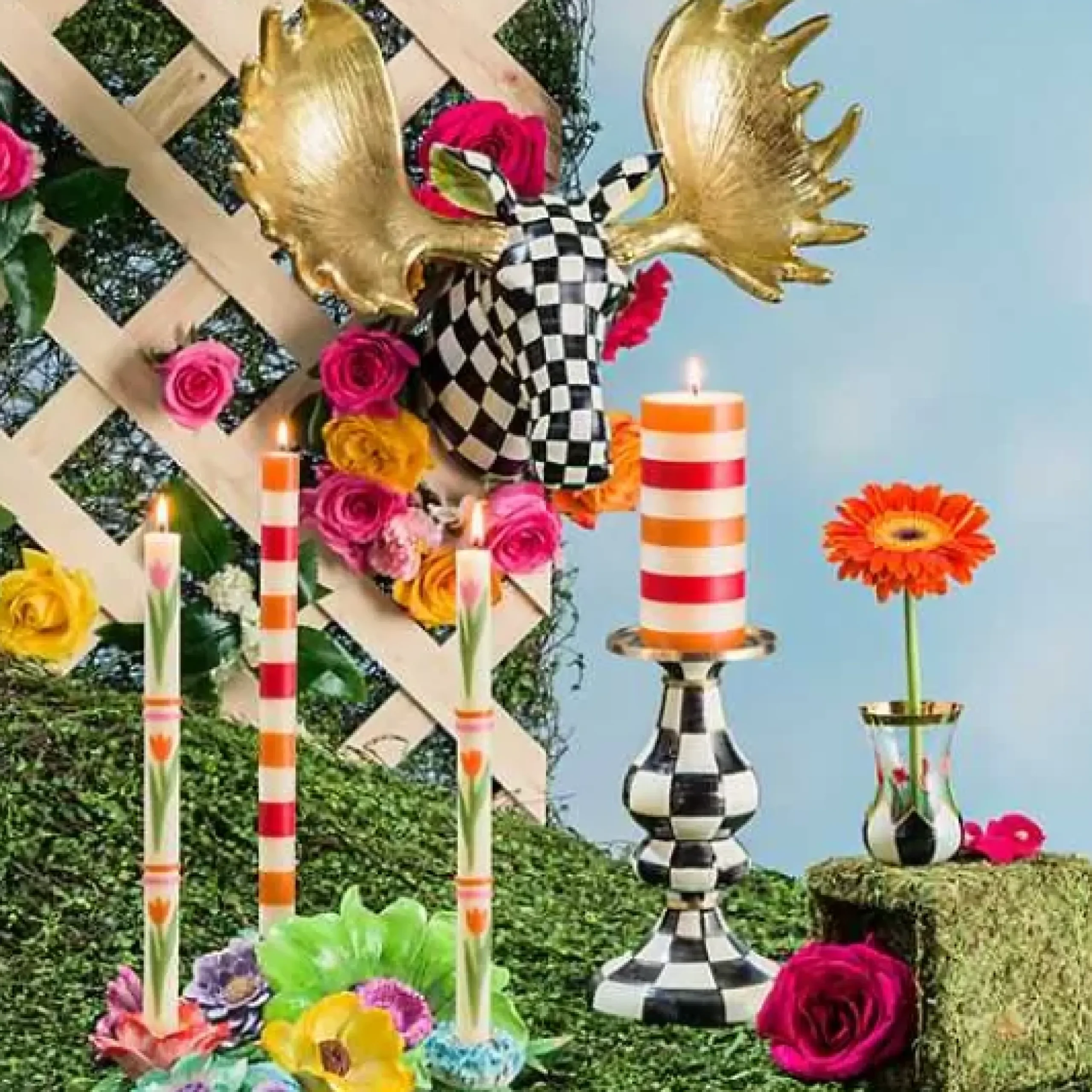 MacKenzie-Childs Courtly Check Medium Pillar Candlestick< Candles & Fragrances|Table Accessories