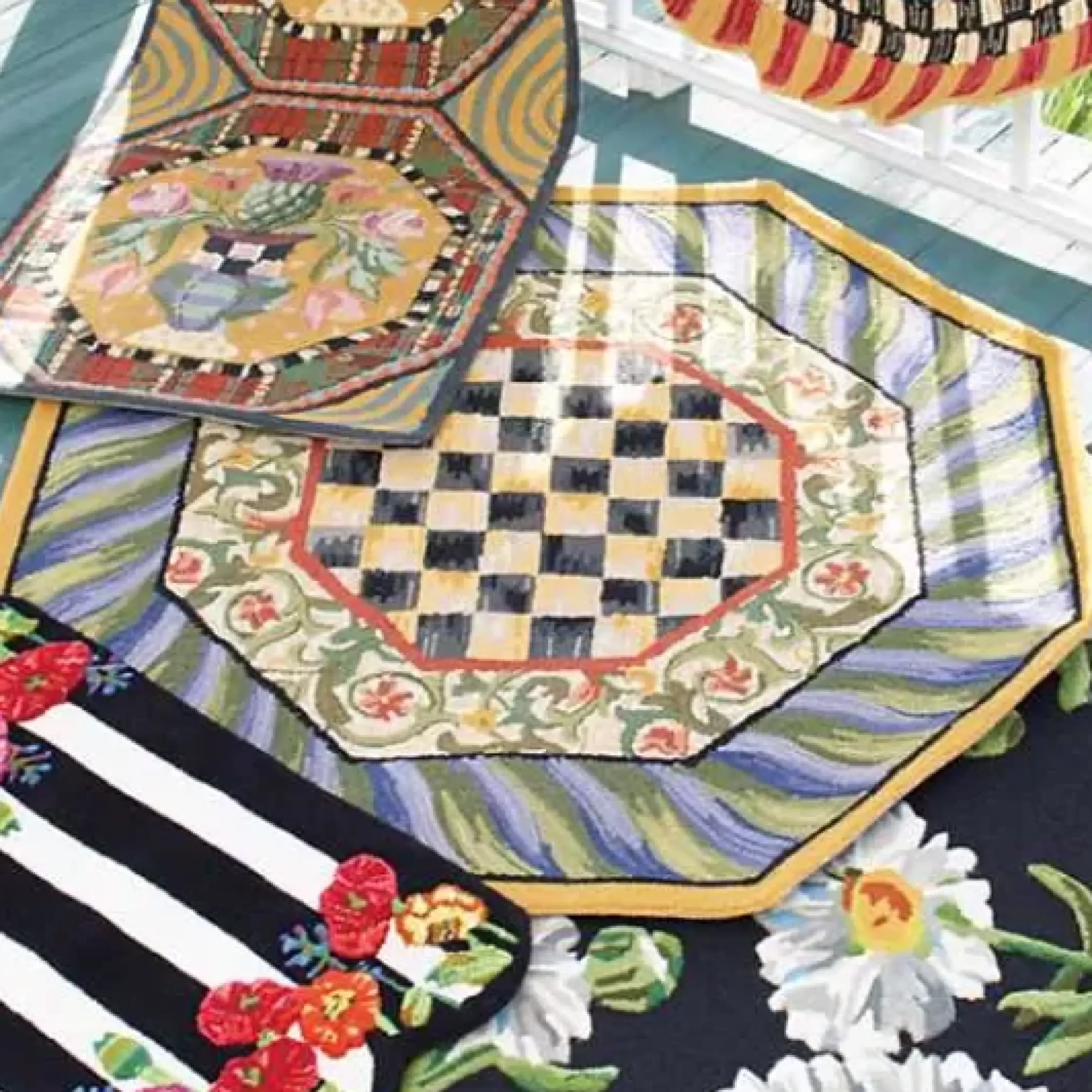MacKenzie-Childs Courtly Check Purple Green 5' Octagon Rug< Rugs