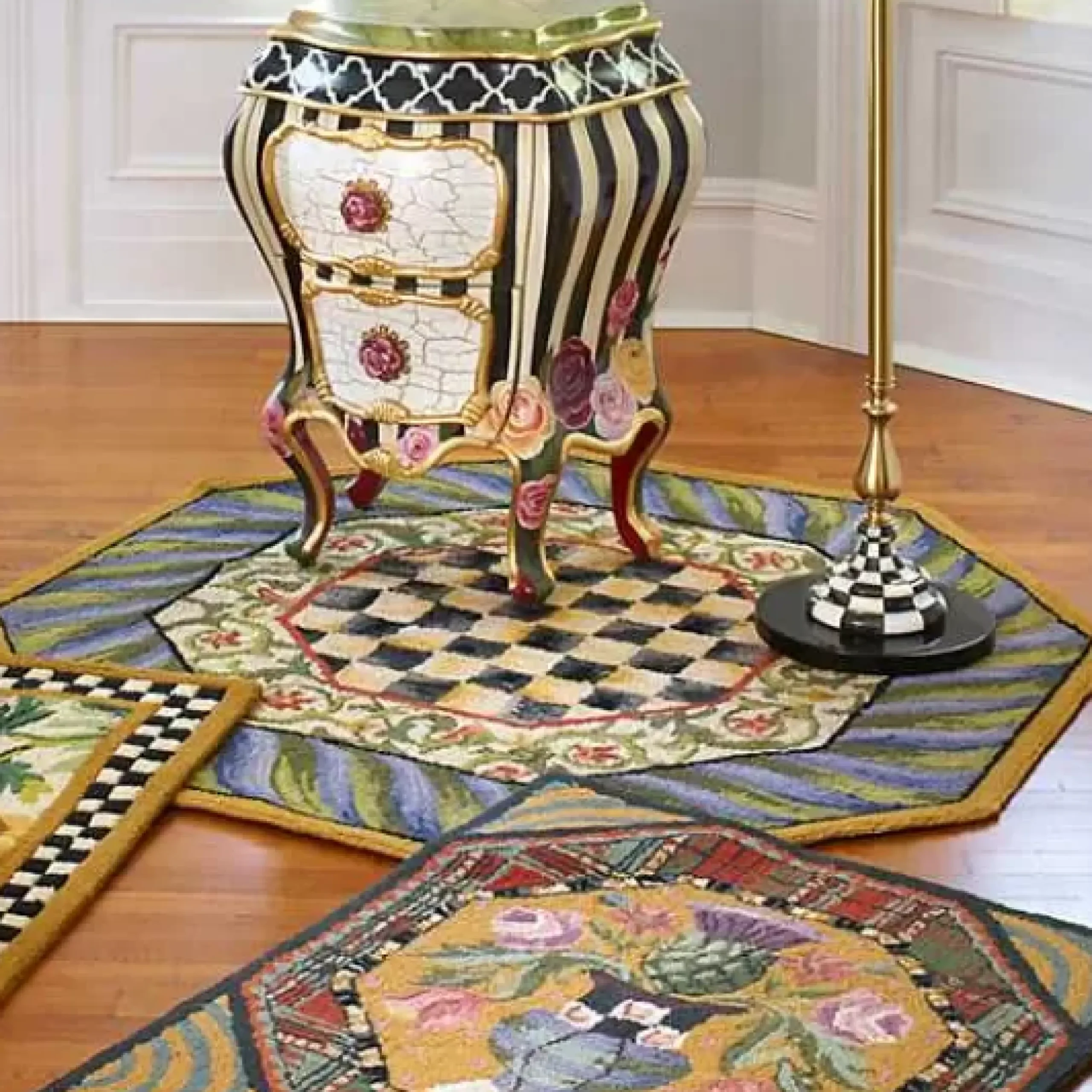 MacKenzie-Childs Courtly Check Purple Green 5' Octagon Rug< Rugs