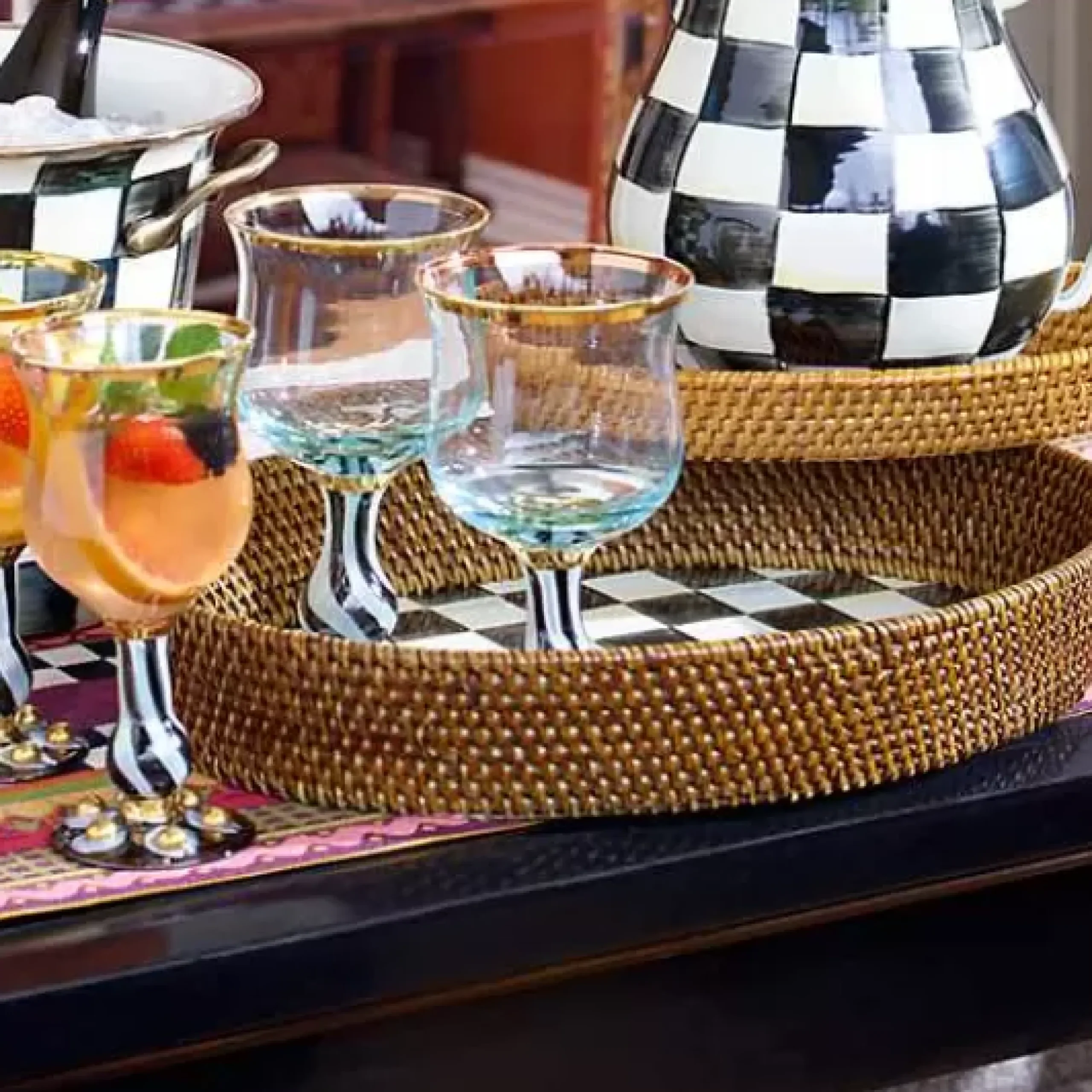 MacKenzie-Childs Courtly Check Rattan Enamel Large Serving Tray< Fall Entertaining|Bar Entertaining