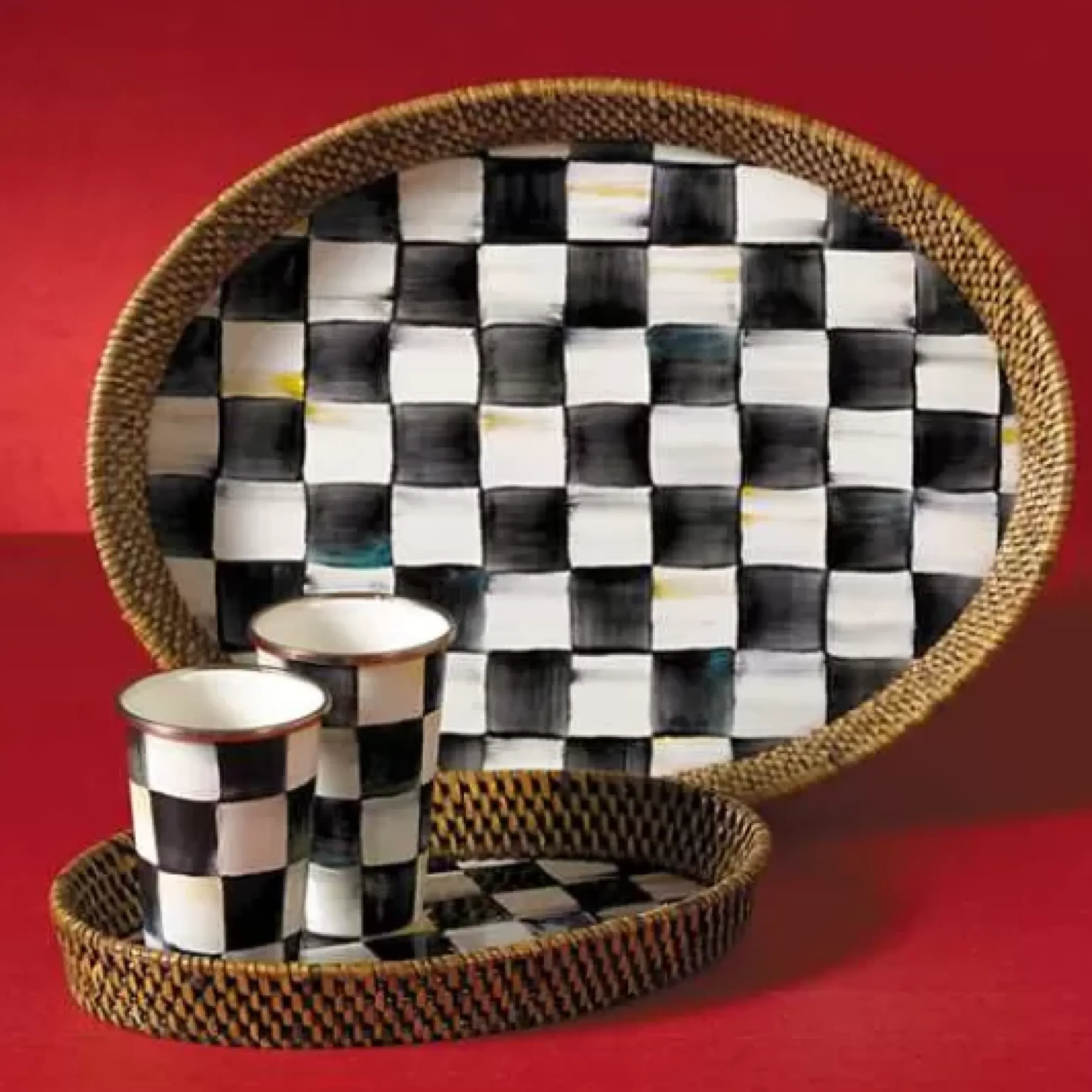 MacKenzie-Childs Courtly Check Rattan Enamel Large Serving Tray< Fall Entertaining|Bar Entertaining