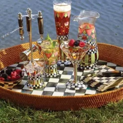 MacKenzie-Childs Courtly Check Rattan  Enamel Party Serving Tray< Bar Entertaining|Serveware