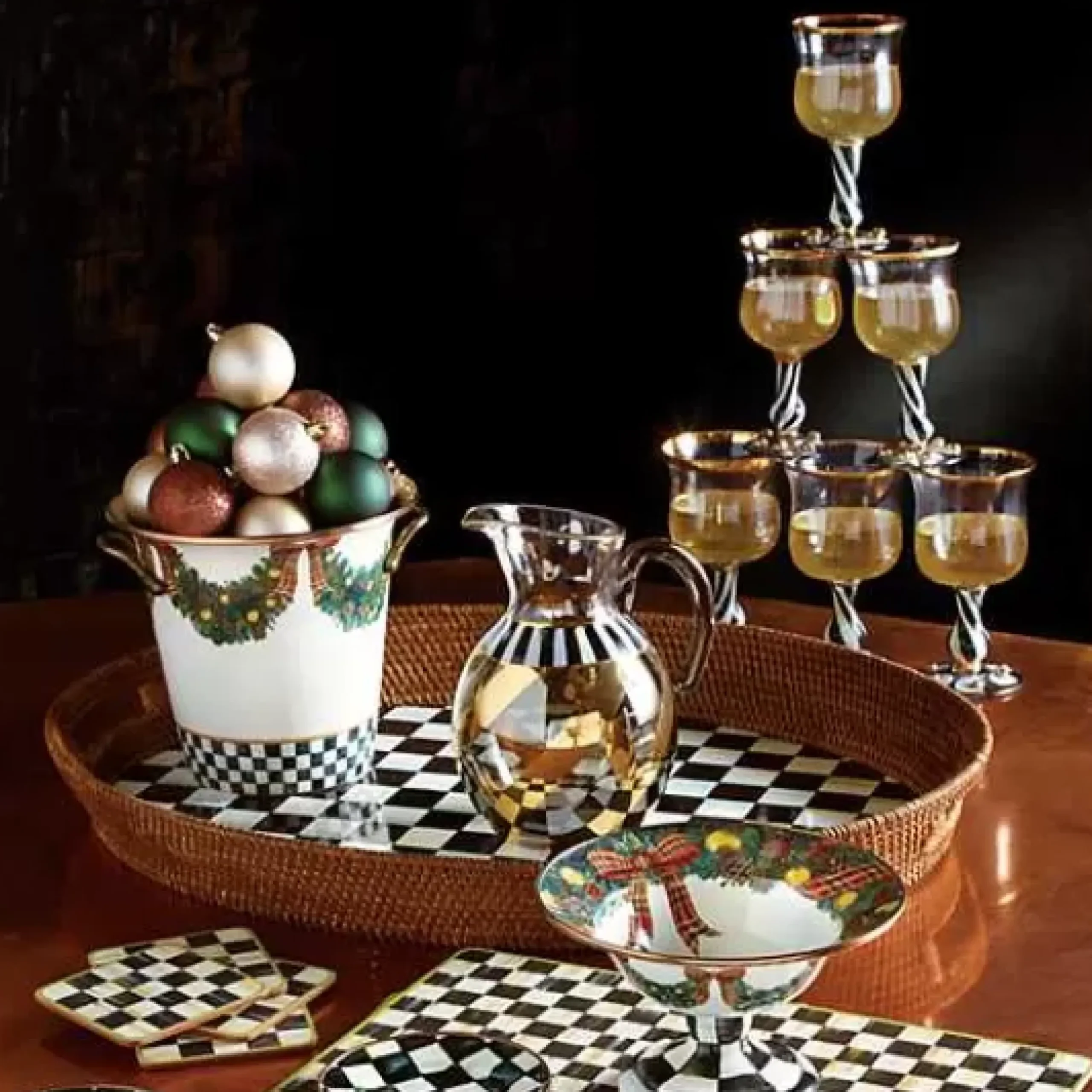 MacKenzie-Childs Courtly Check Rattan Enamel Party Serving Tray< Bar Entertaining|Serveware