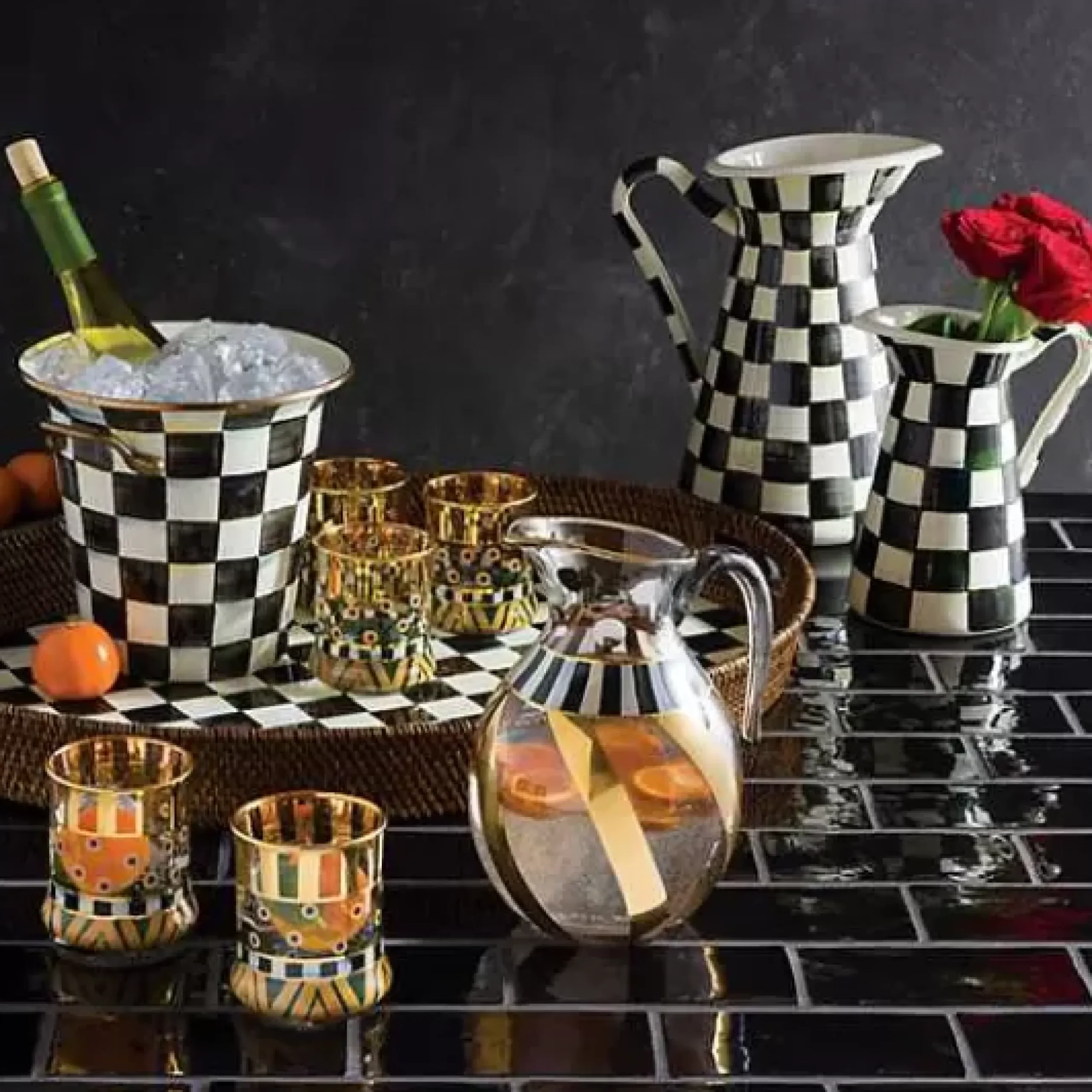 MacKenzie-Childs Courtly Check Rattan Enamel Party Serving Tray< Bar Entertaining|Serveware