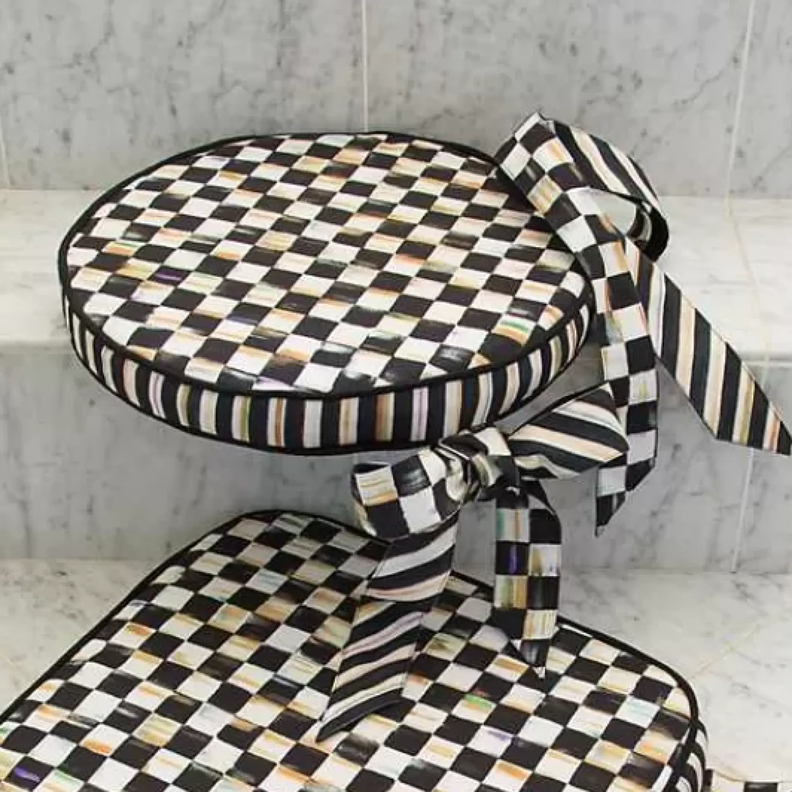 MacKenzie-Childs Courtly Check Round Stool Cushion< Pillows, Throws, & Cushions