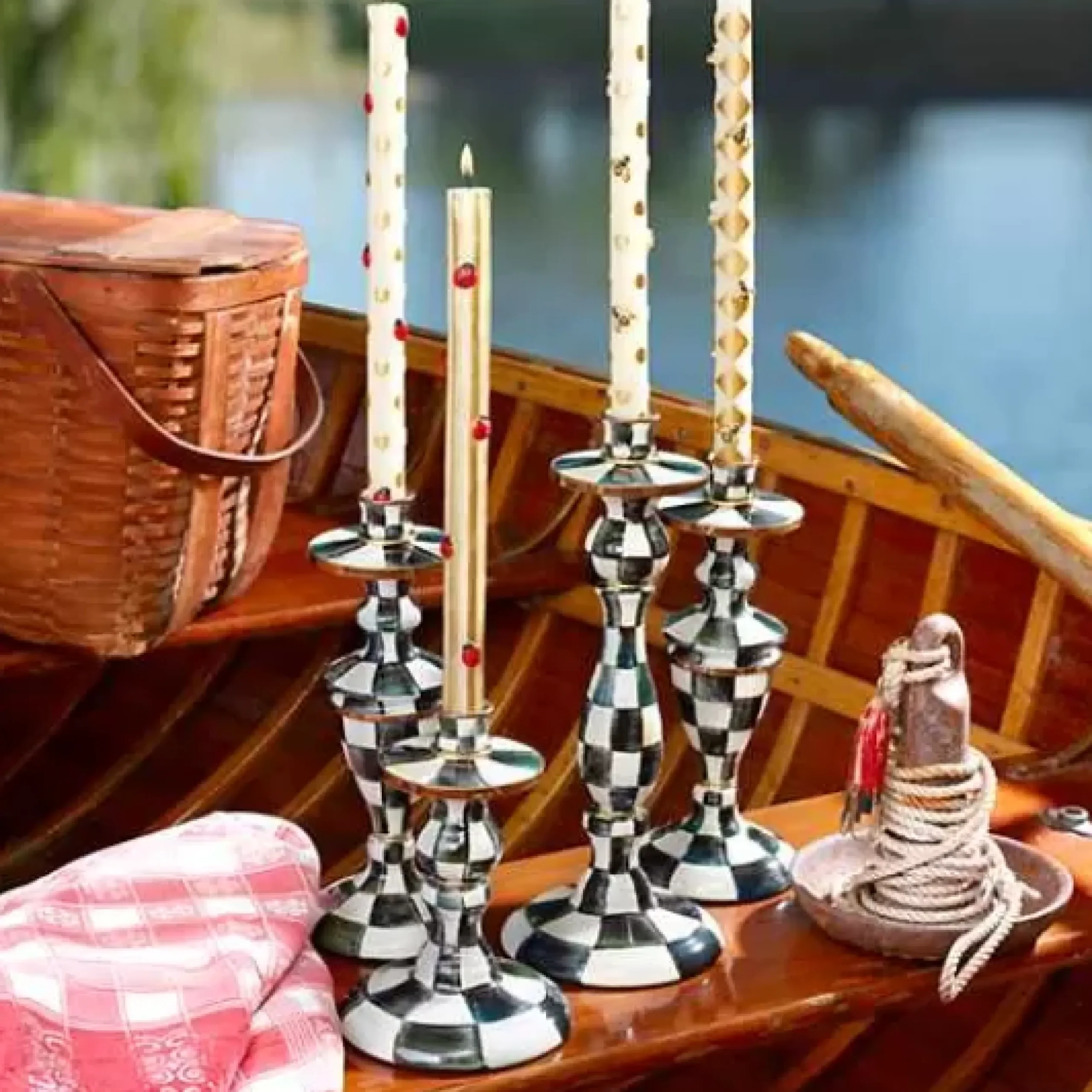 MacKenzie-Childs Courtly Check Small Enamel Candlestick< Candles & Fragrances|Table Accessories