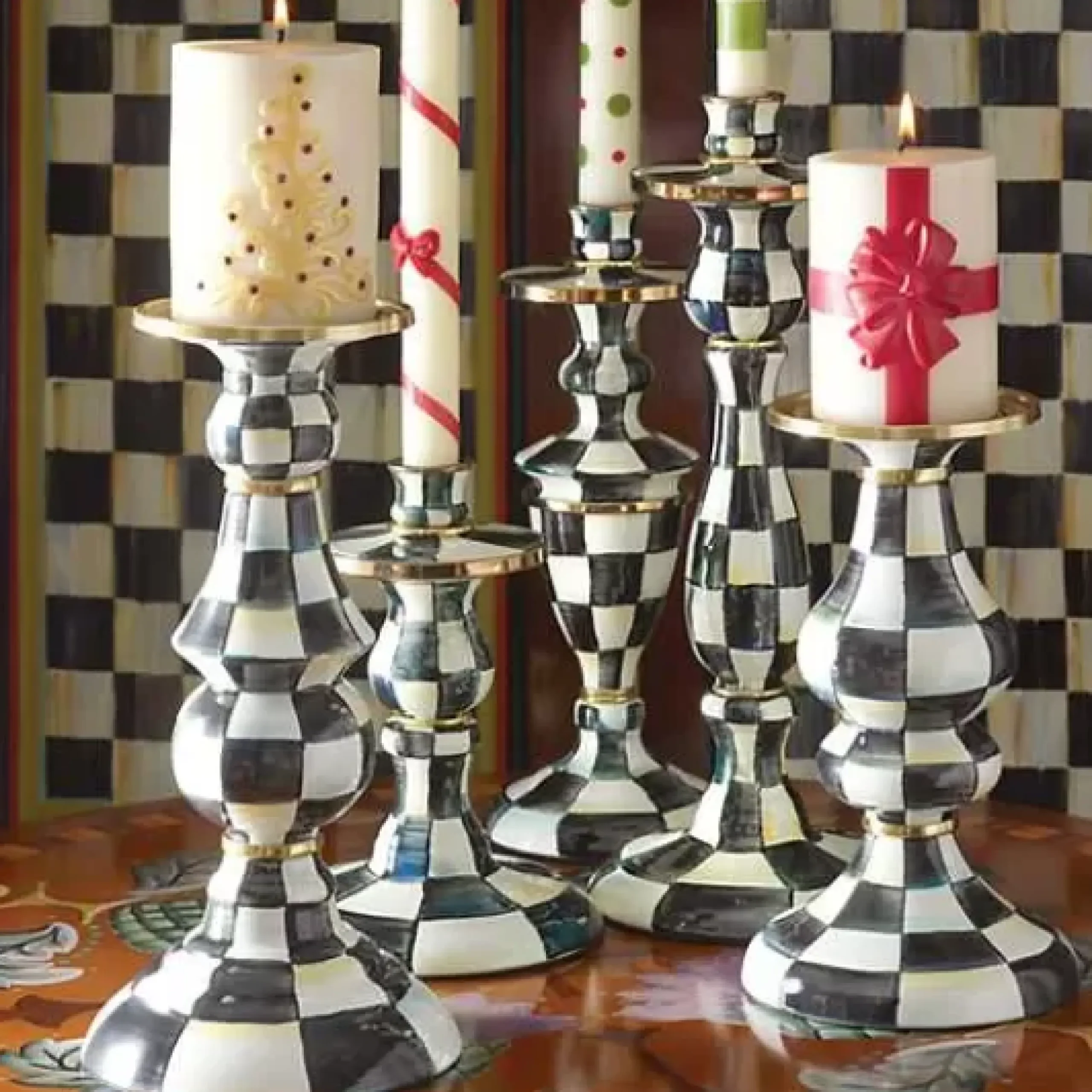 MacKenzie-Childs Courtly Check Small Enamel Candlestick< Candles & Fragrances|Table Accessories