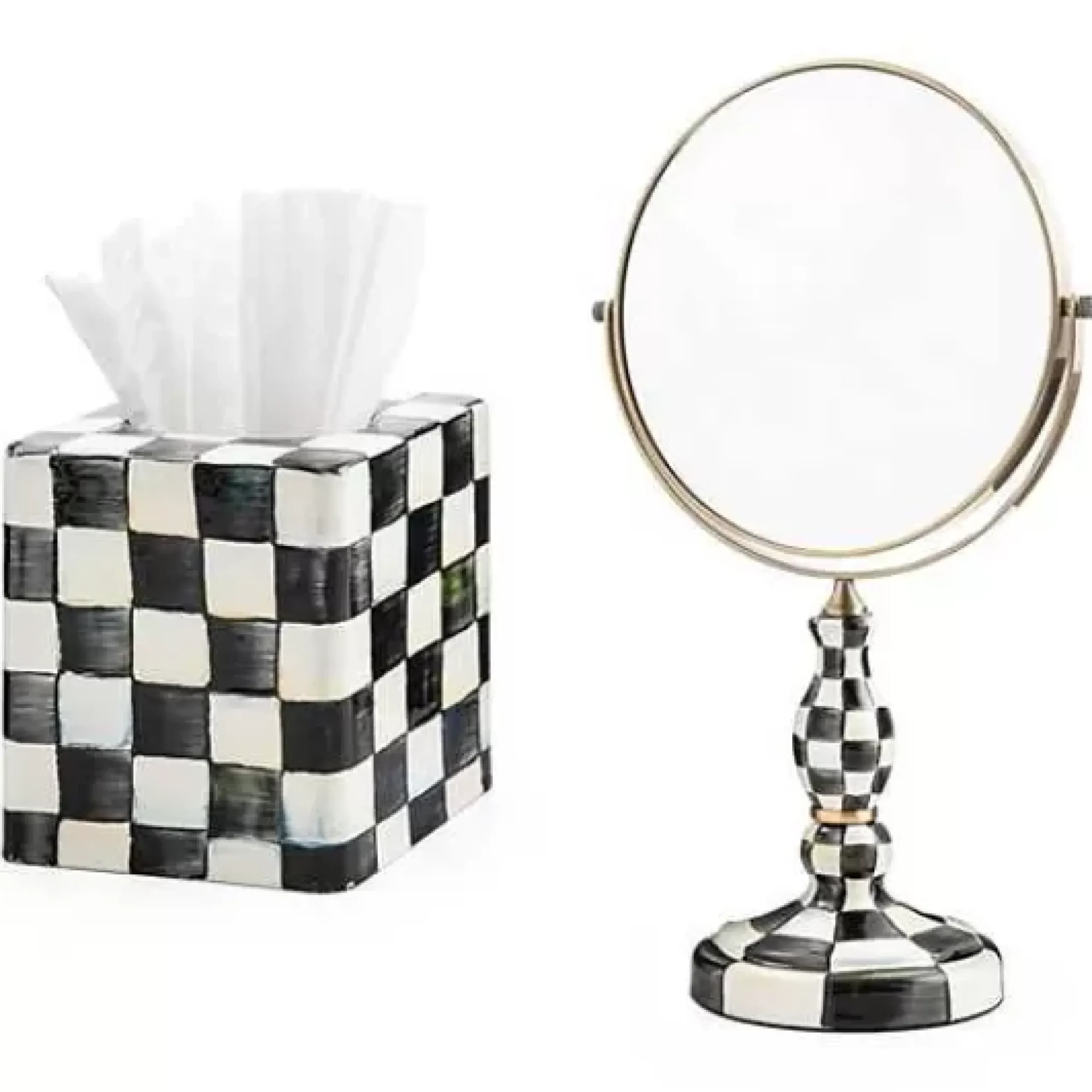 MacKenzie-Childs Courtly Check Vanity Mirror Tissue Box Cover Set< Decor Sets|Bath & Bath Accessories