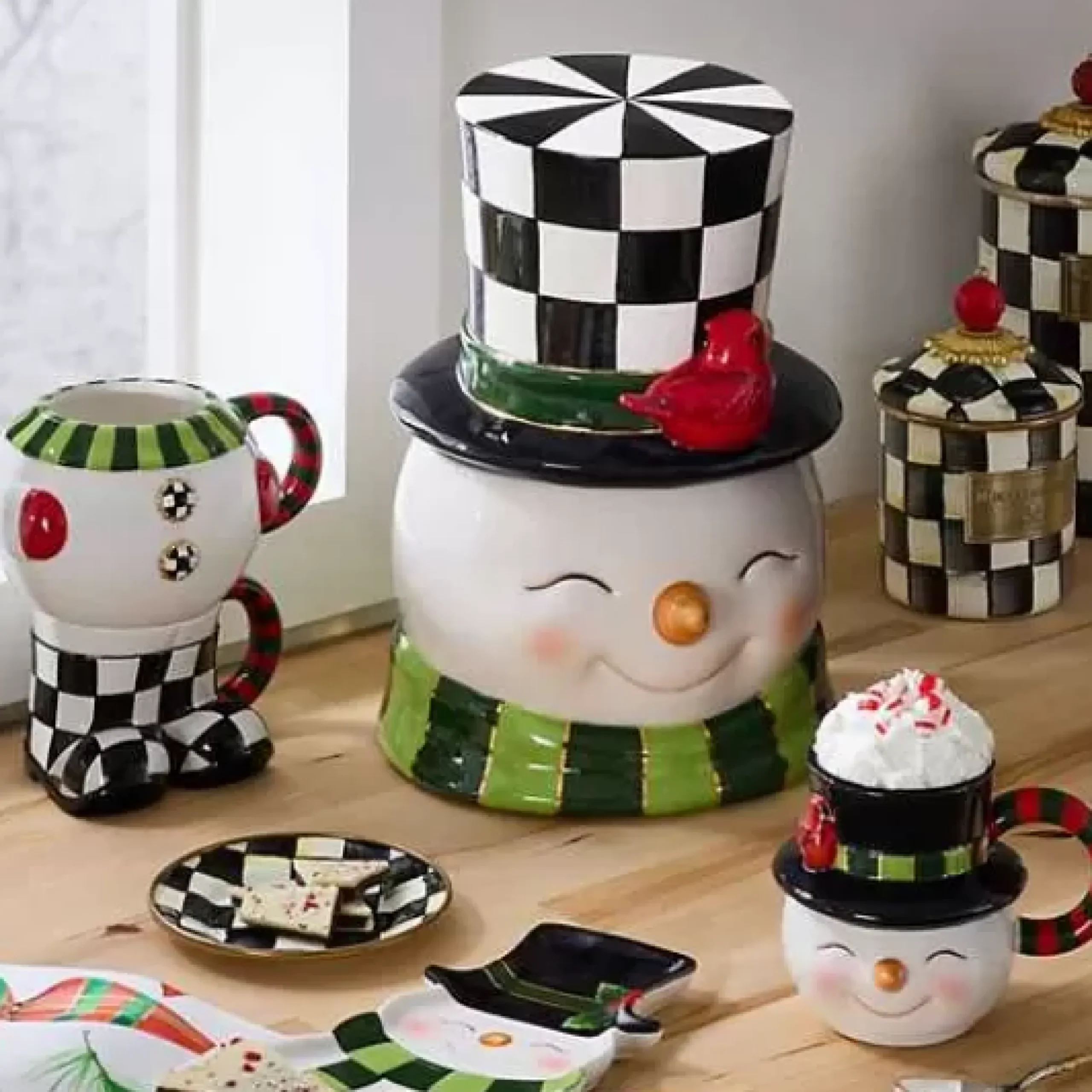 MacKenzie-Childs Cozy Christmas Snowman Cookie Jar< Holiday|Kitchen Storage & Organization