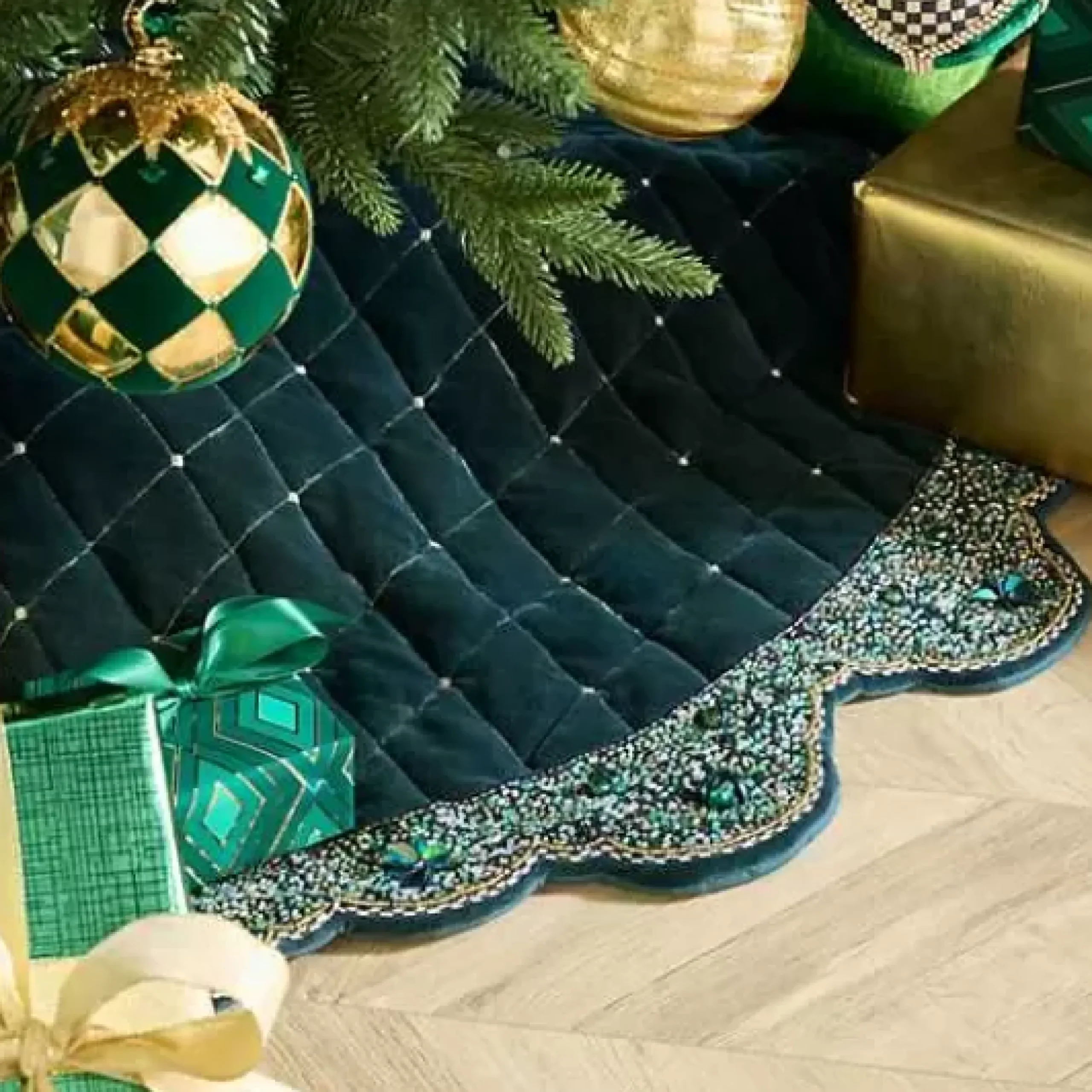 MacKenzie-Childs Emerald Beaded Holiday Tree Skirt< Holiday|Room Accents