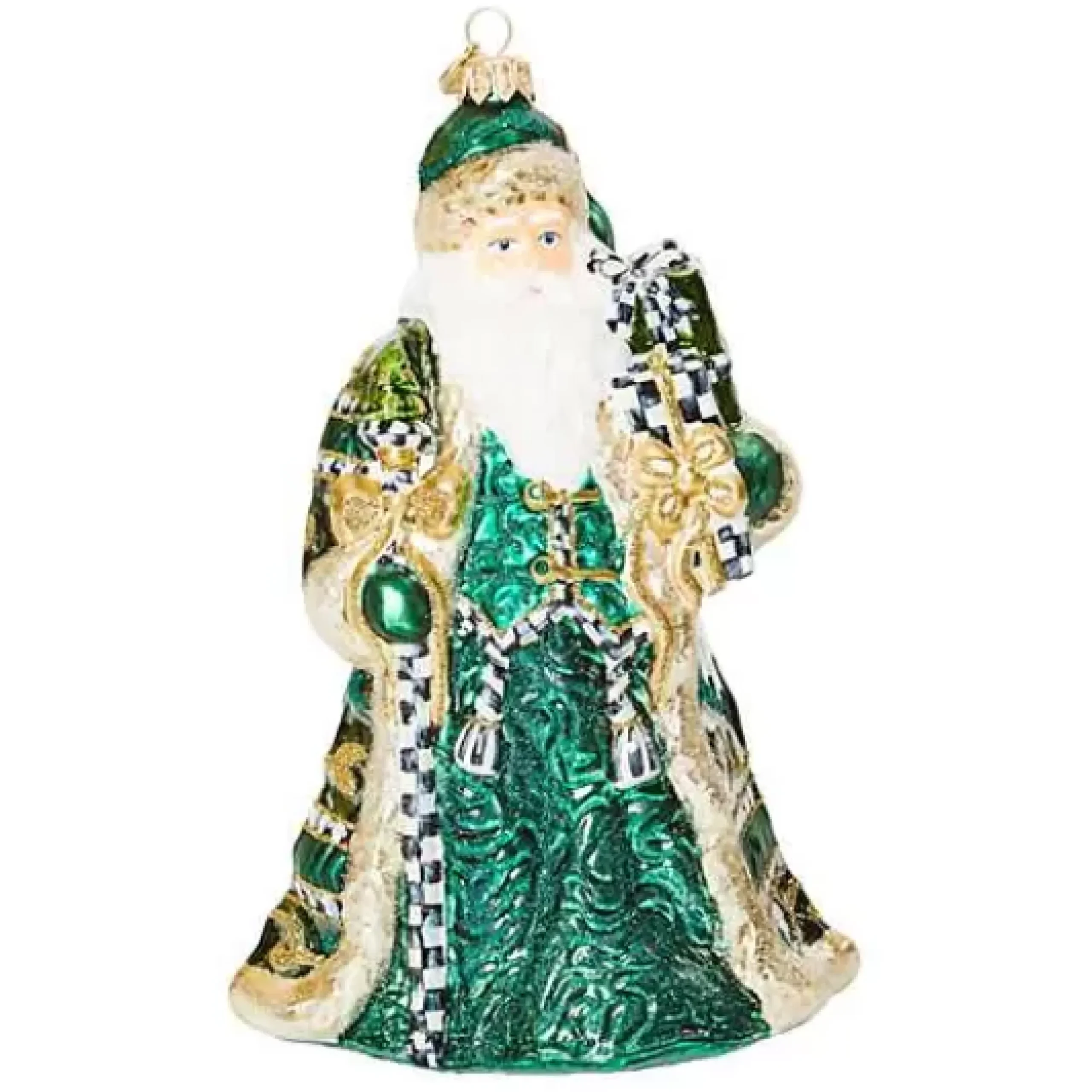 MacKenzie-Childs Emerald Luxe Gifting Santa Glass Ornament< Holiday