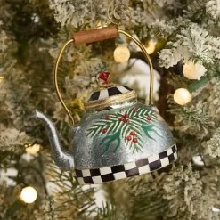 MacKenzie-Childs Farmhouse Holiday Tea Kettle Glass Ornament< Holiday