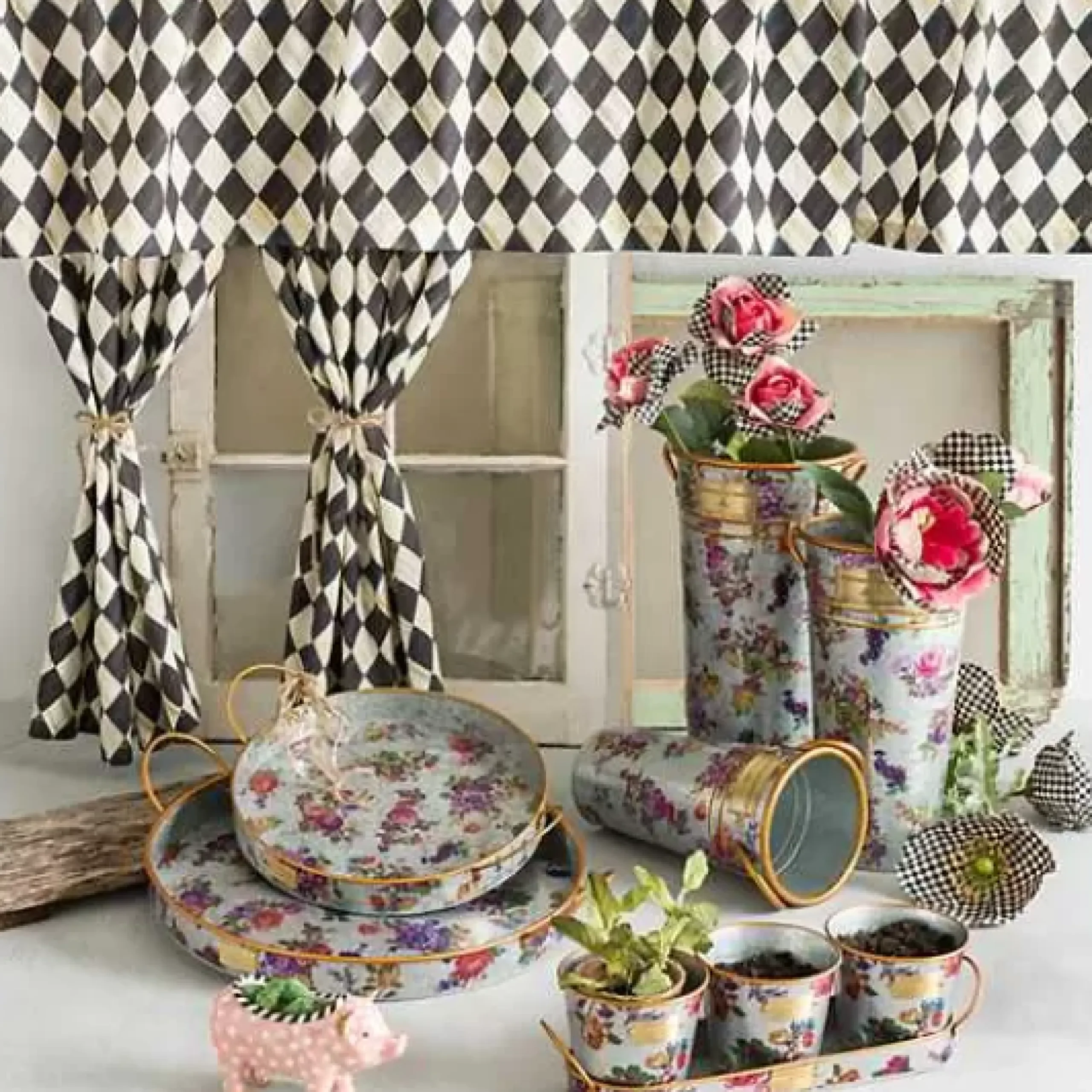 MacKenzie-Childs Flower Market Galvanized Herb Pots with Tray, Set of 3< Spring|Outdoor
