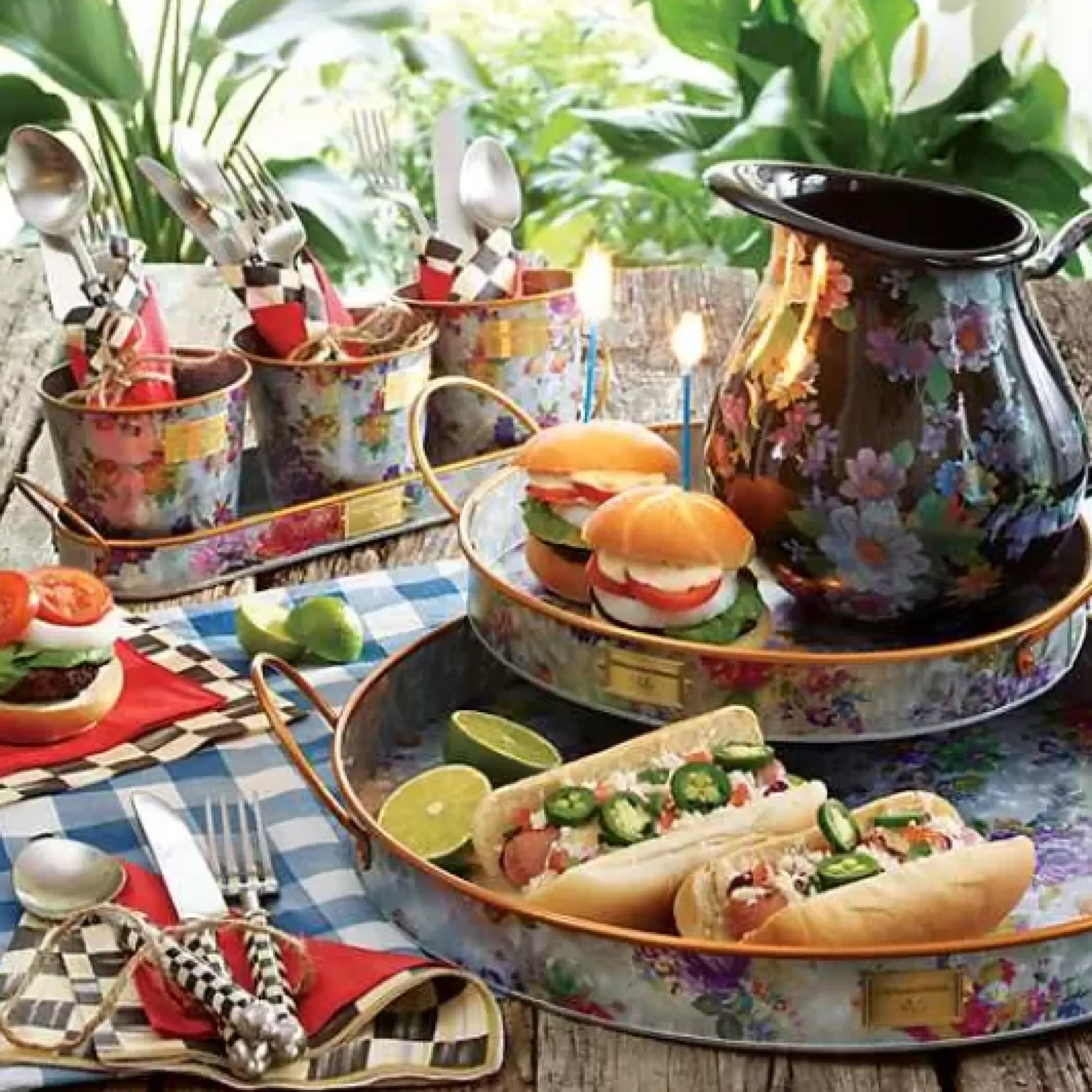 MacKenzie-Childs Flower Market Galvanized Serving Trays, Set of 2< Outdoor|Bar Entertaining