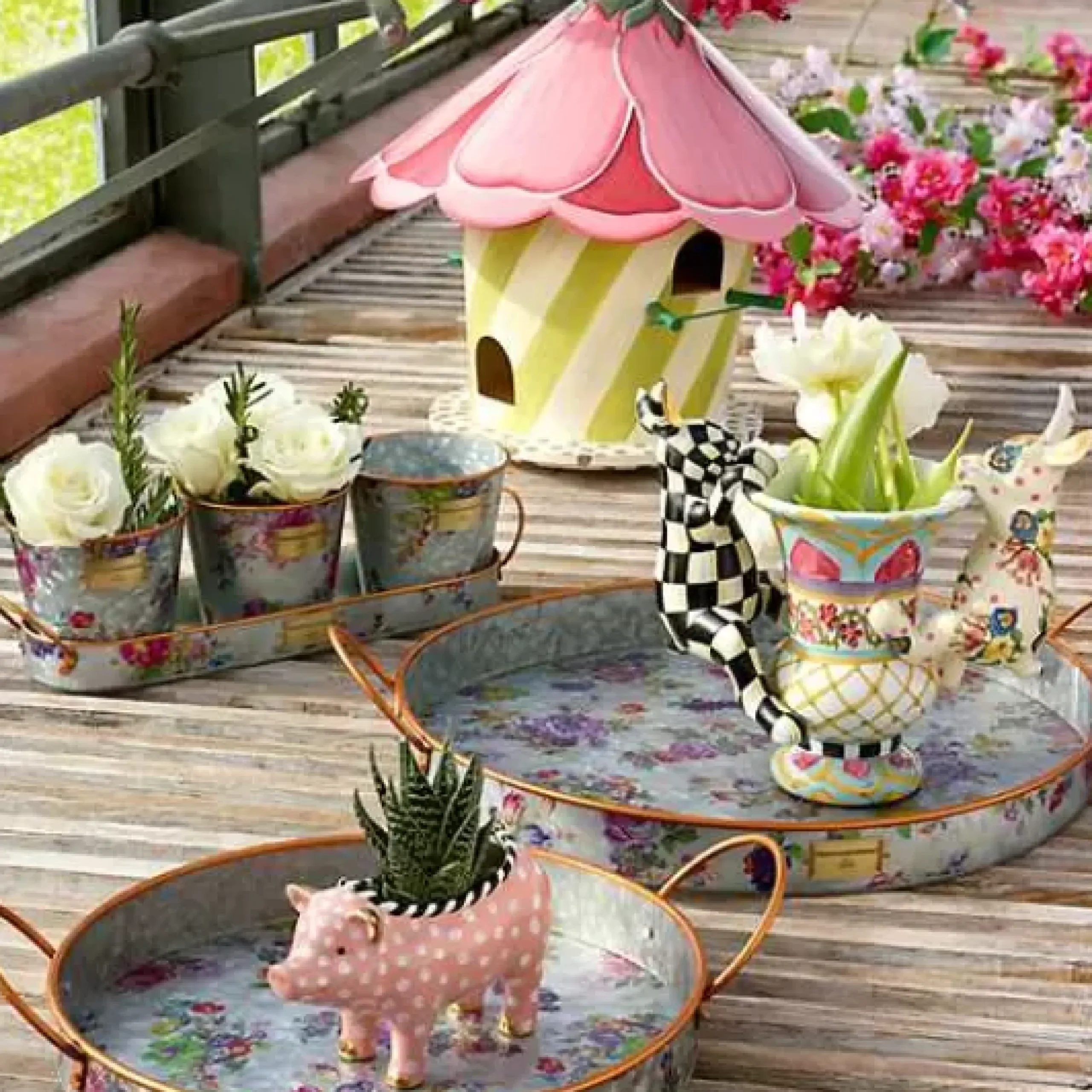 MacKenzie-Childs Flower Market Galvanized Serving Trays, Set of 2< Outdoor|Bar Entertaining