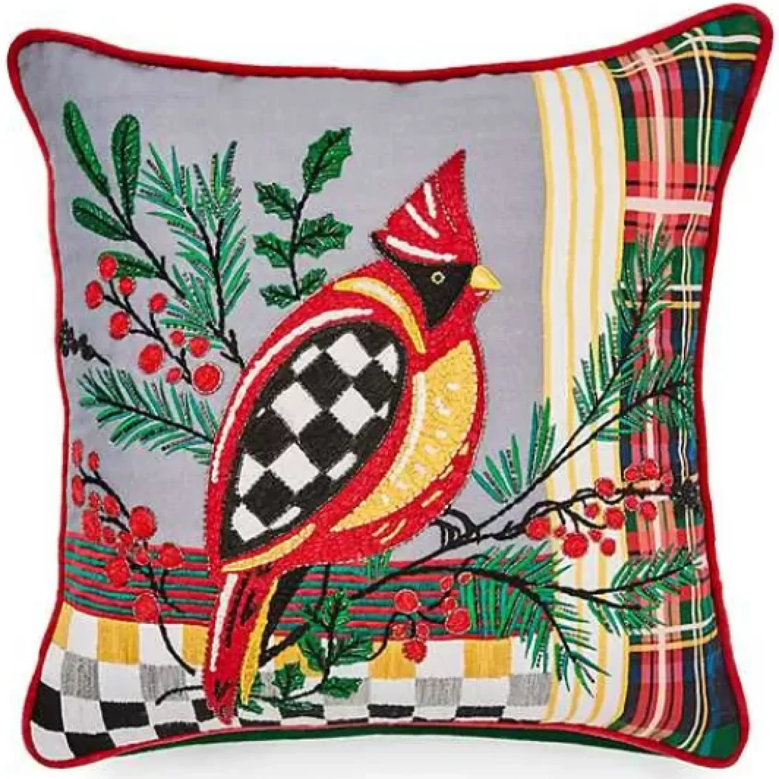 MacKenzie-Childs Holiday Cardinal Beaded Throw Pillow< Pillows, Throws, & Cushions
