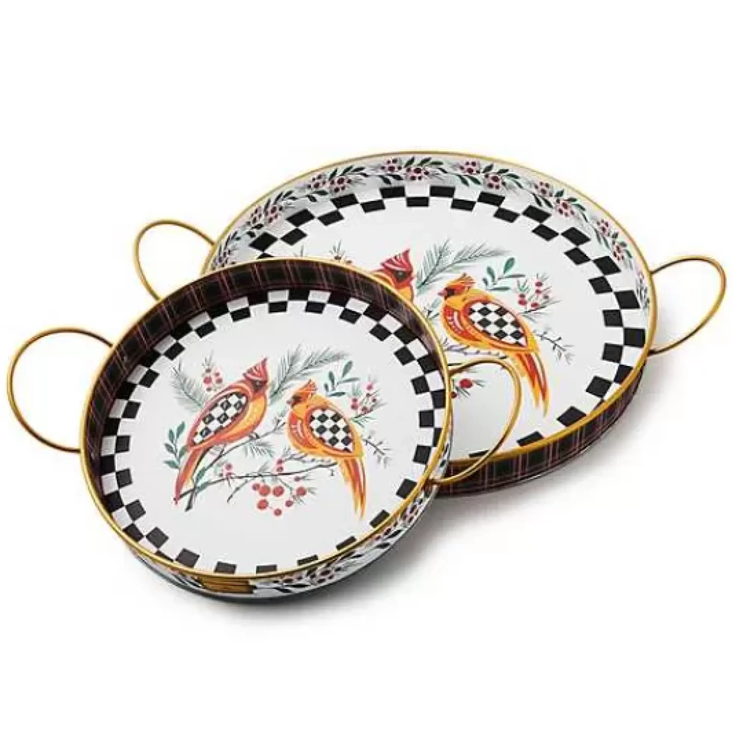 MacKenzie-Childs Holiday Cardinal Round Metal Serving Trays, Set of 2< Holiday|Serveware