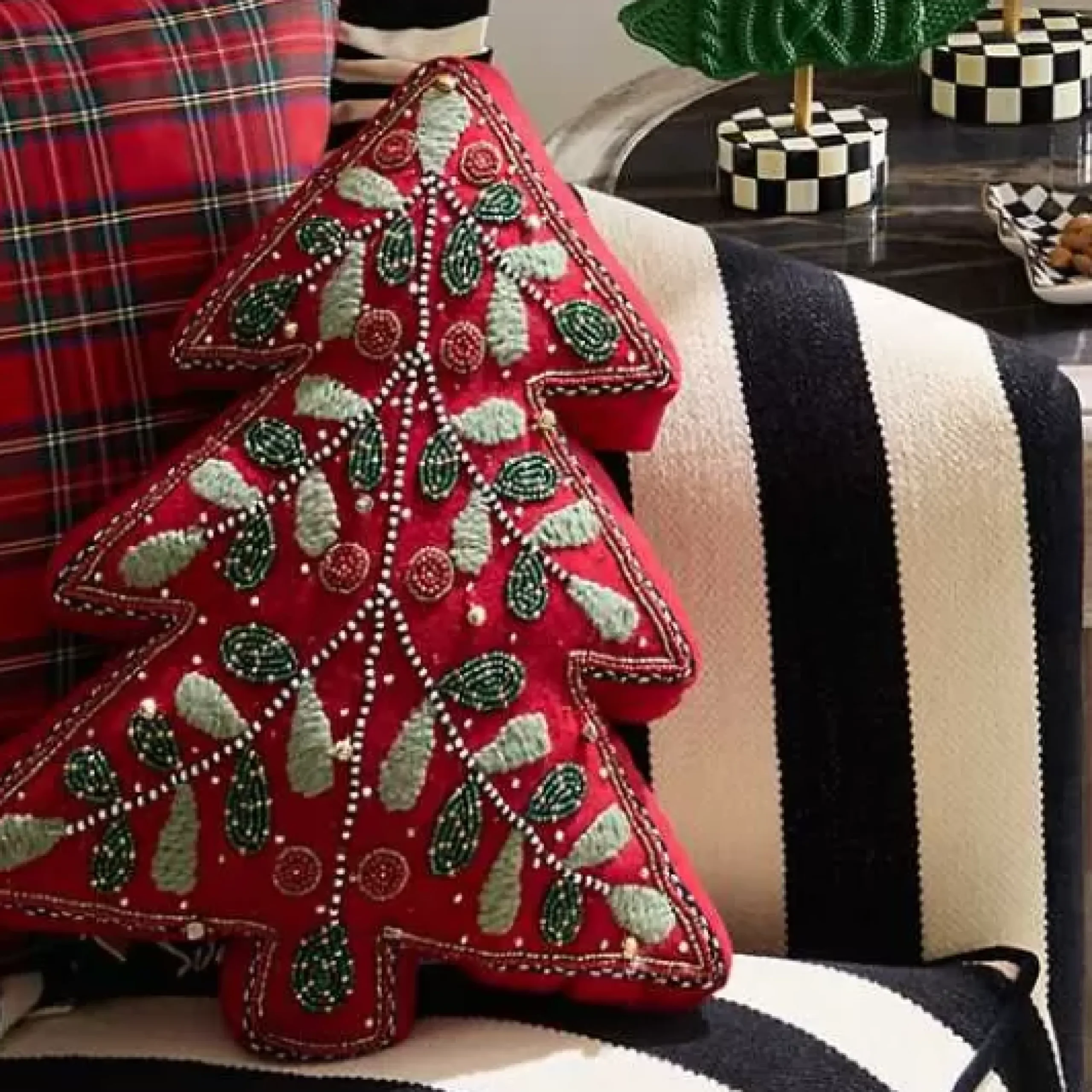 MacKenzie-Childs Holiday Red Tree Shaped Embroidered Throw Pillow< Pillows, Throws, & Cushions