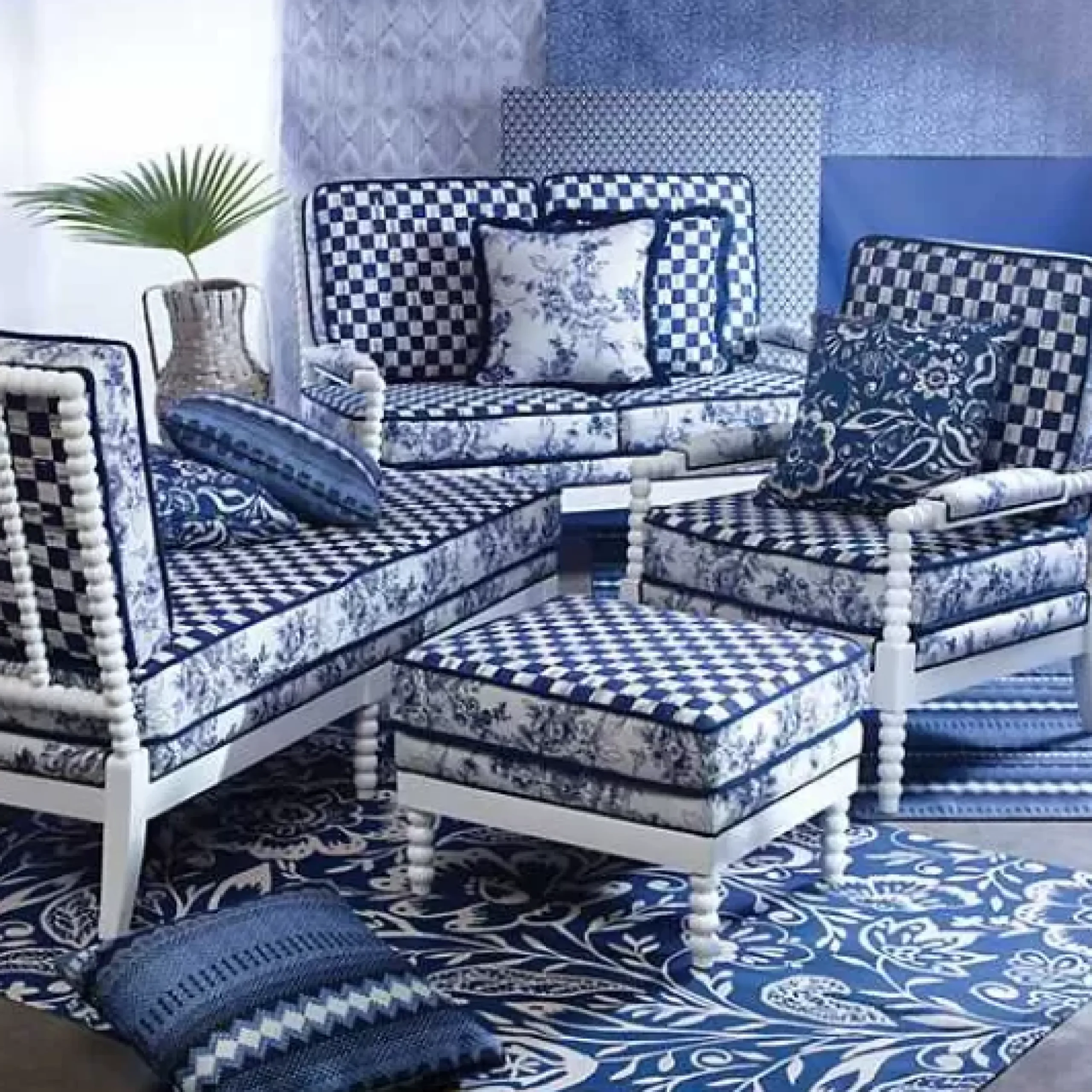 MacKenzie-Childs Indigo Villa Outdoor Ottoman< Outdoor|Spring