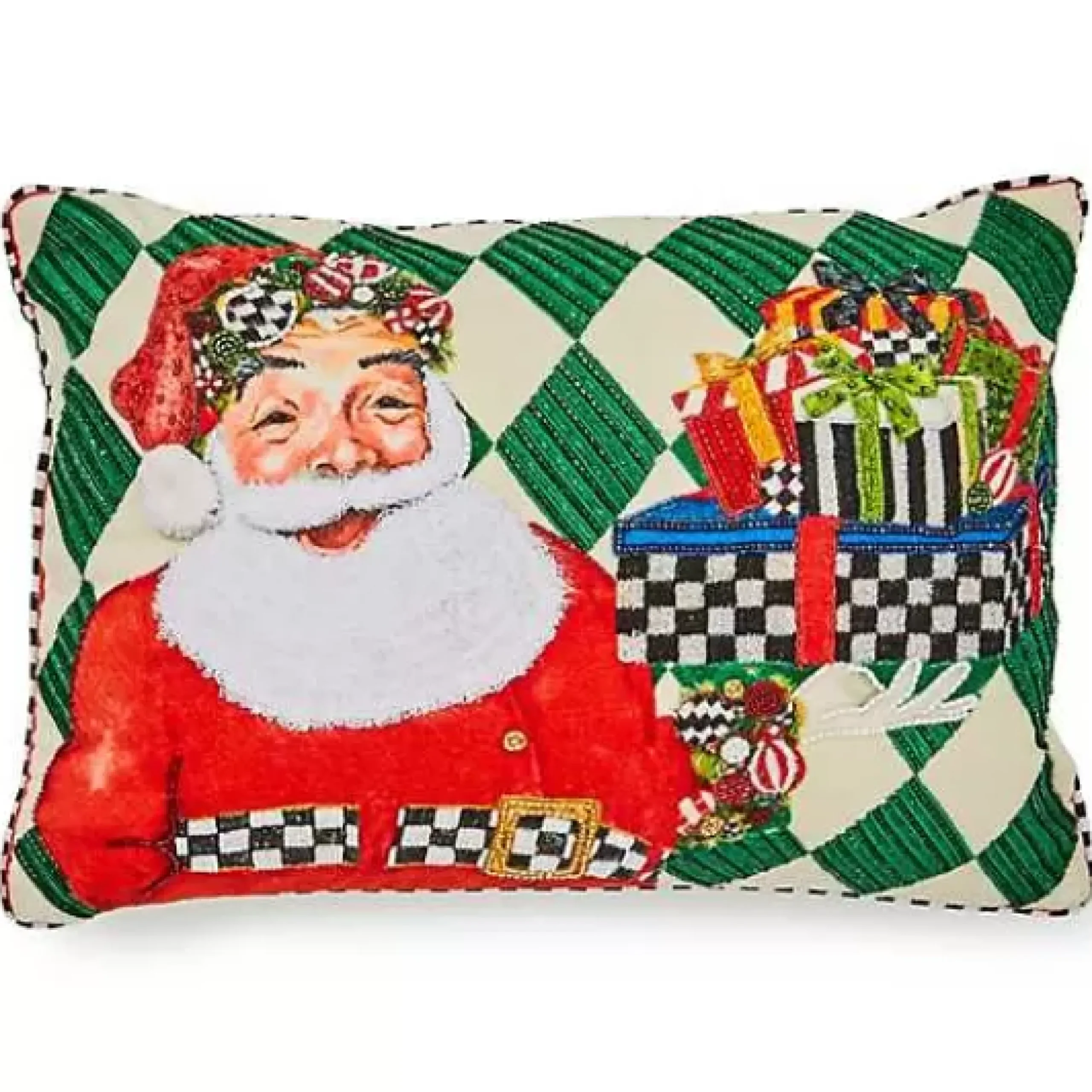 MacKenzie-Childs Jolly Holiday Santa with Packages Beaded Lumbar Pillow< Pillows, Throws, & Cushions