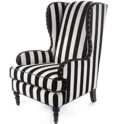 MacKenzie-Childs Marquee Black Stripe Chenille Wing Chair< Living Room