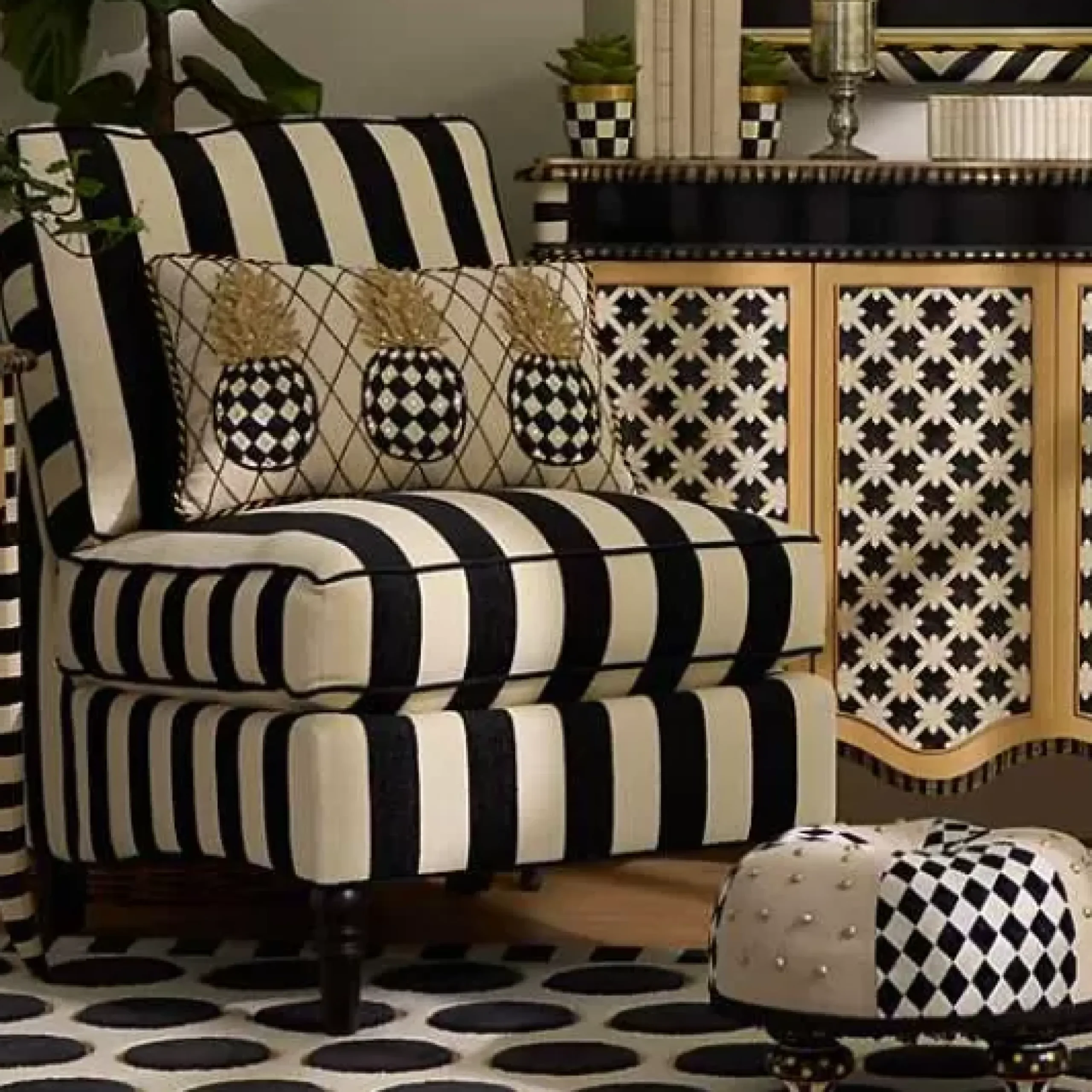 MacKenzie-Childs Marquee Black Stripe Chenille Armless Chair< Living Room