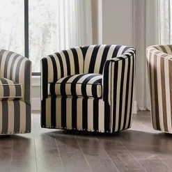 MacKenzie-Childs Marquee Black Stripe Chenille Swivel Chair< Living Room