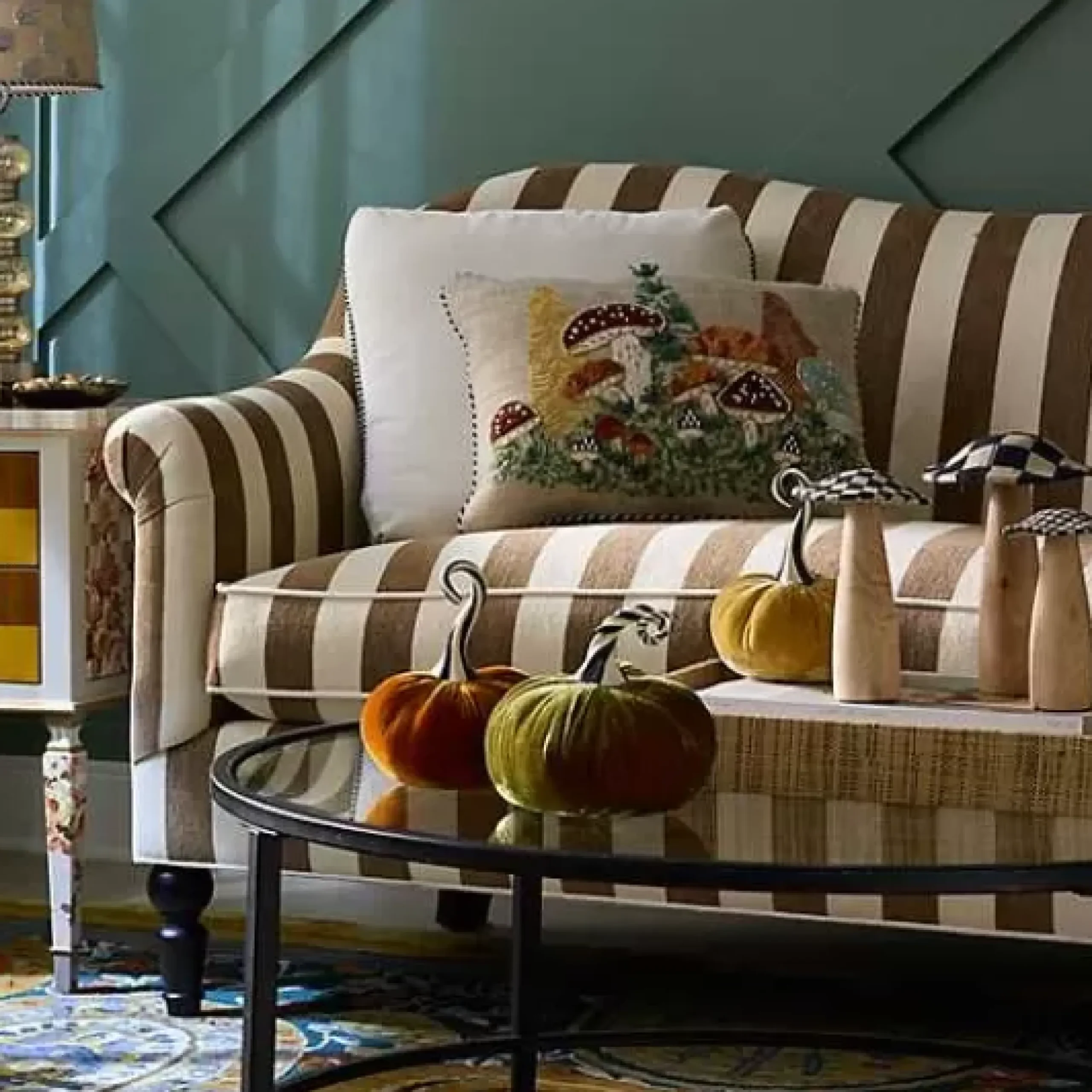 MacKenzie-Childs Marquee Brown Stripe Chenille Loveseat< Living Room
